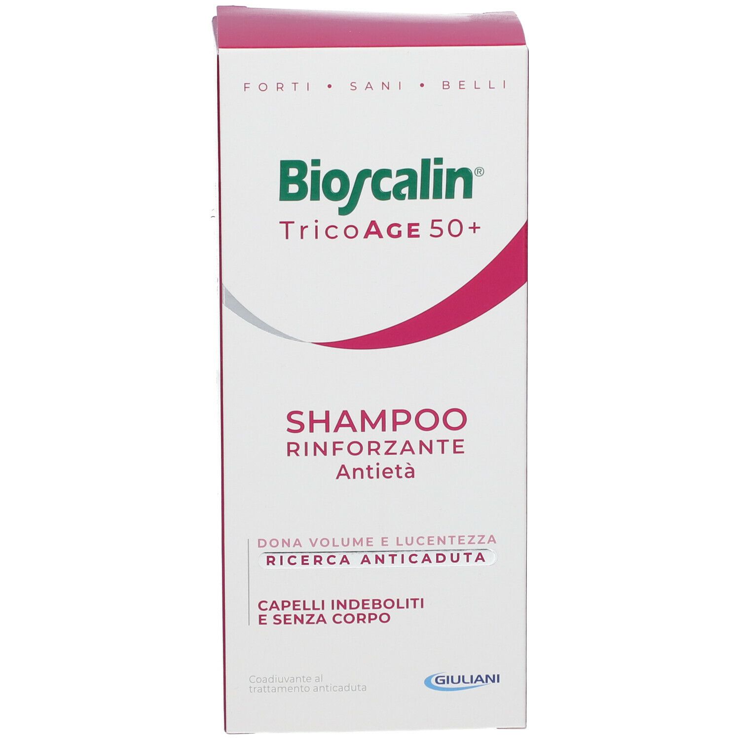 Bioscalin TricoAge 50+ Shampoo. Confezione rosa e bianca. Testo: Shampoo, Rinforzante, Antieta.
