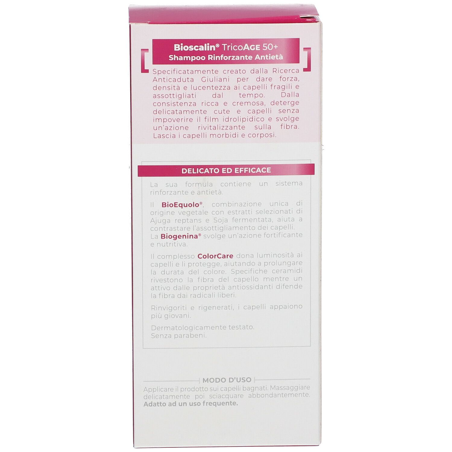 Confezione. Testo: Bioscalin TricoAge 50+ Shampoo Rinforzante Antieta. Modo d'uso.