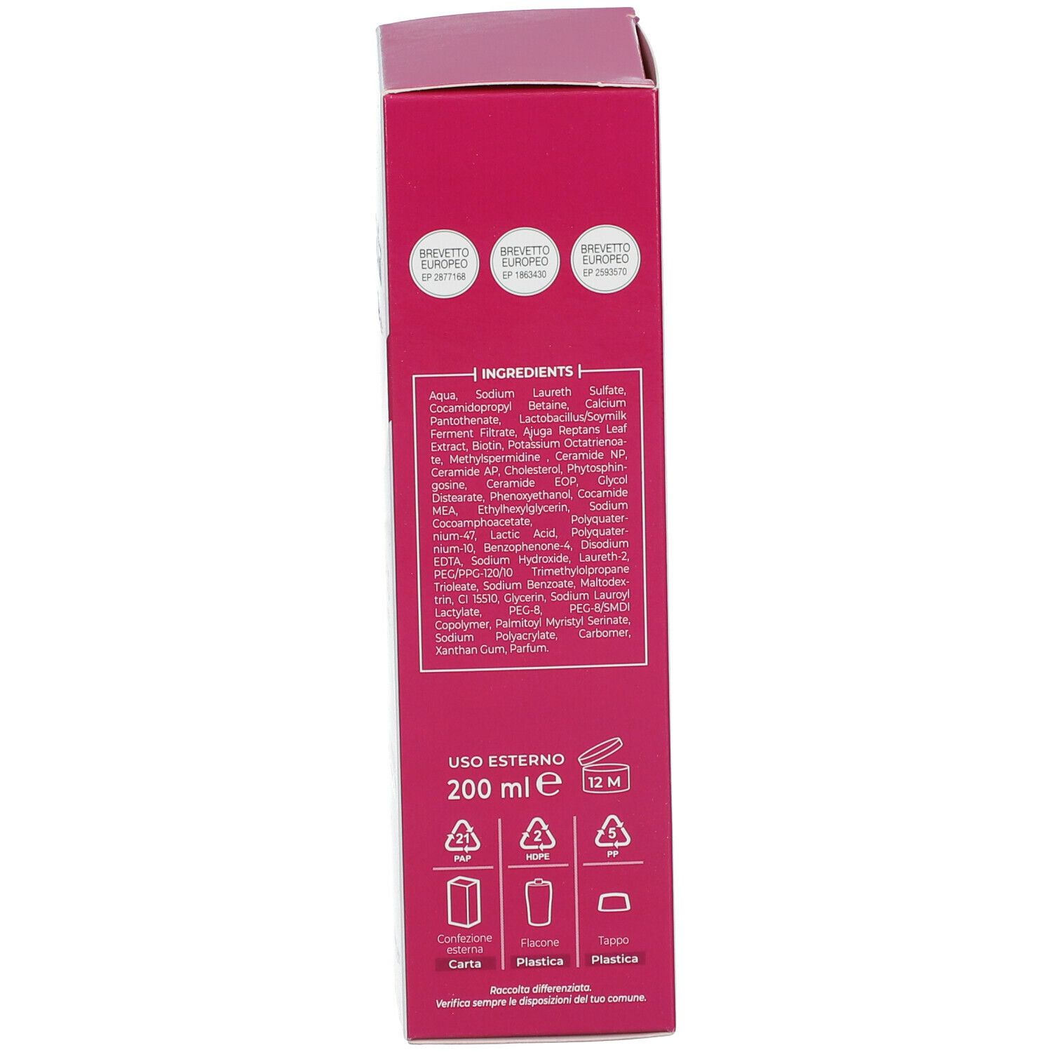 Confezione. Testo: Ingredienti, Uso Esterno, 200 ml, 12M. Simboli di riciclaggio.