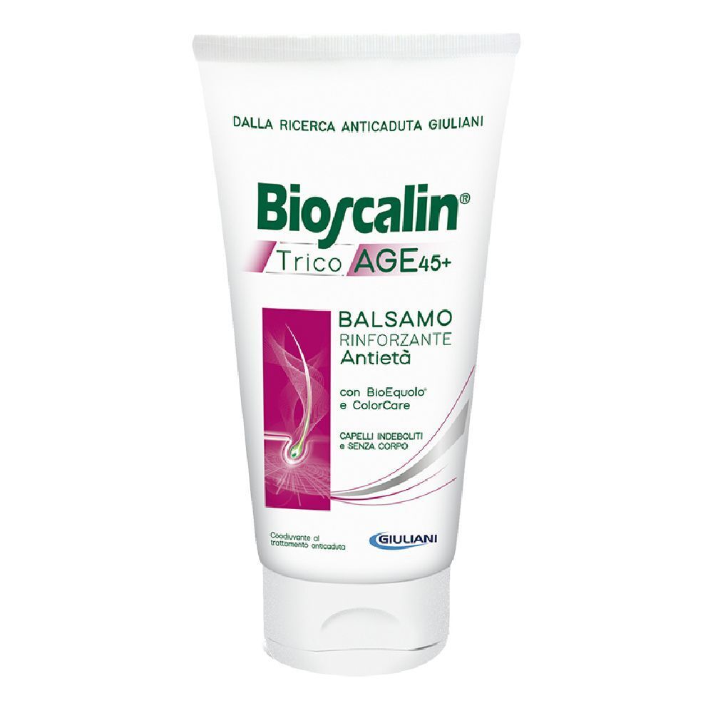 Tubo di Bioscalin TricoAGE 45+ Balsamo Rinforzante Antietà. Tubo bianco con dettagli rosa e verdi. Testo in italiano.