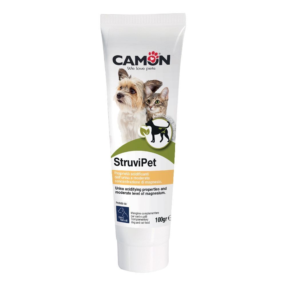 Tubo con stampa del prodotto. Marchio Camon. Nome prodotto StruviPet. Immagine di cane e gatto. Testo in inglese e italiano.