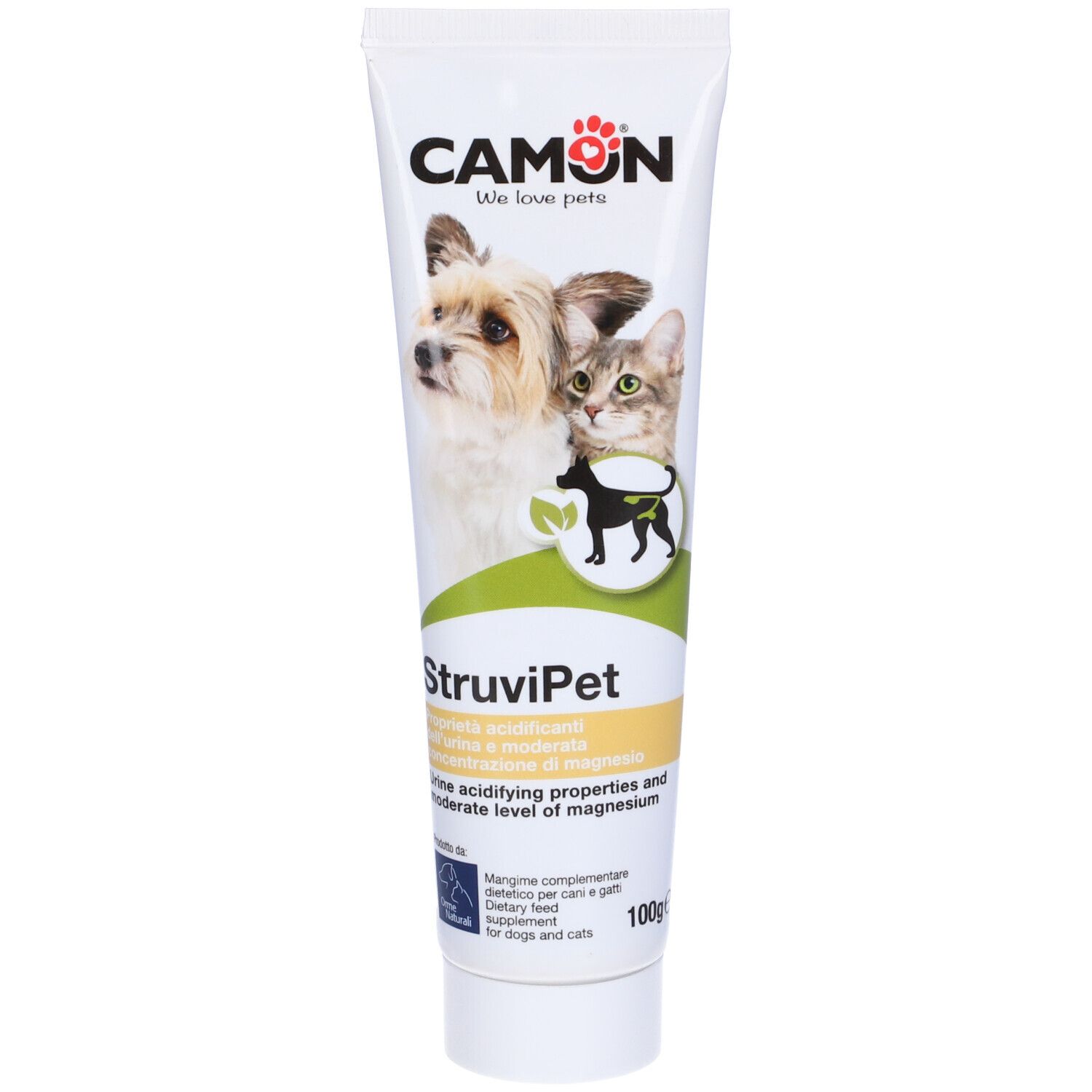 Tubo con stampa del prodotto. Marchio Camon. Nome prodotto StruviPet. Immagine di cane e gatto. Testo in inglese e italiano.