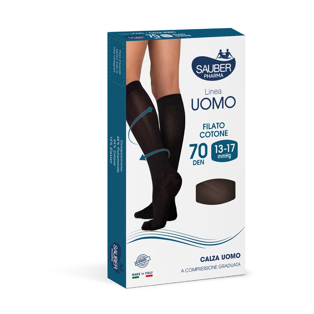 Confezione calze a compressione. Calze nere, marchio Sauber Pharma, linea Uomo, Filato Cotone, 70 Den. Taglia S/M.