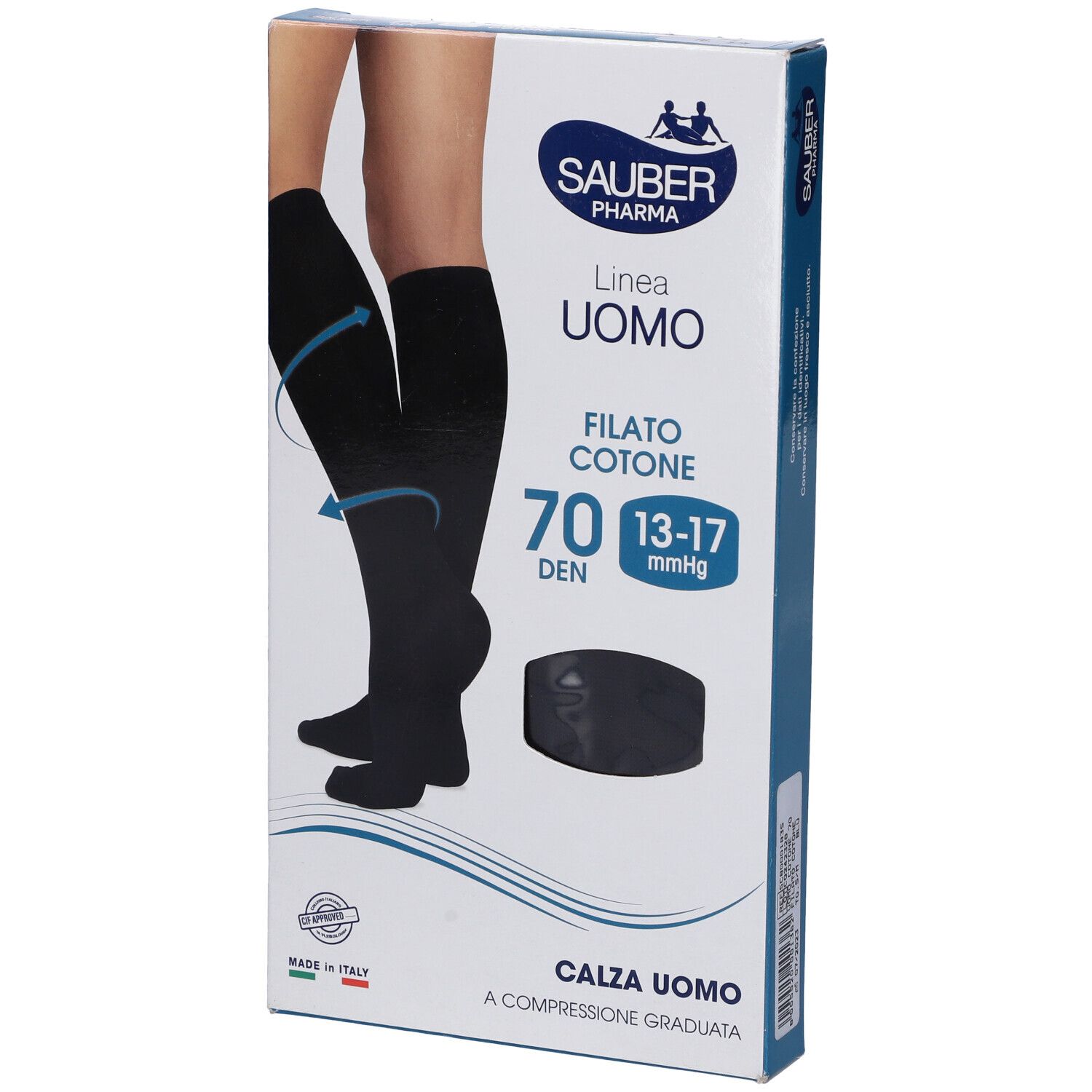 Confezione calze a compressione. Calze nere, marchio Sauber Pharma, linea Uomo, Filato Cotone, 70 Den. Taglia S/M.