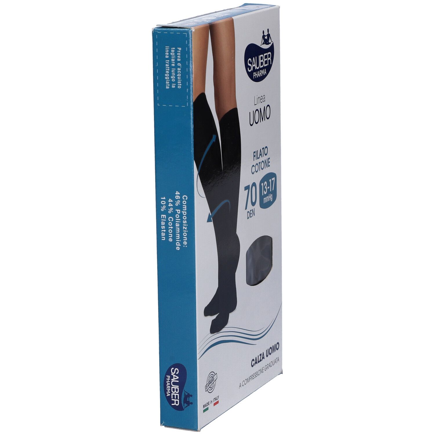 Confezione calze a compressione. Calze nere, marchio Sauber Pharma, linea Uomo, Filato Cotone, 70 Den. Taglia S/M.