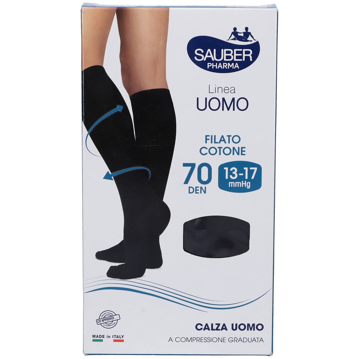 Confezione calze a compressione. Calze nere, marchio Sauber Pharma, linea Uomo, Filato Cotone, 70 Den. Taglia S/M.