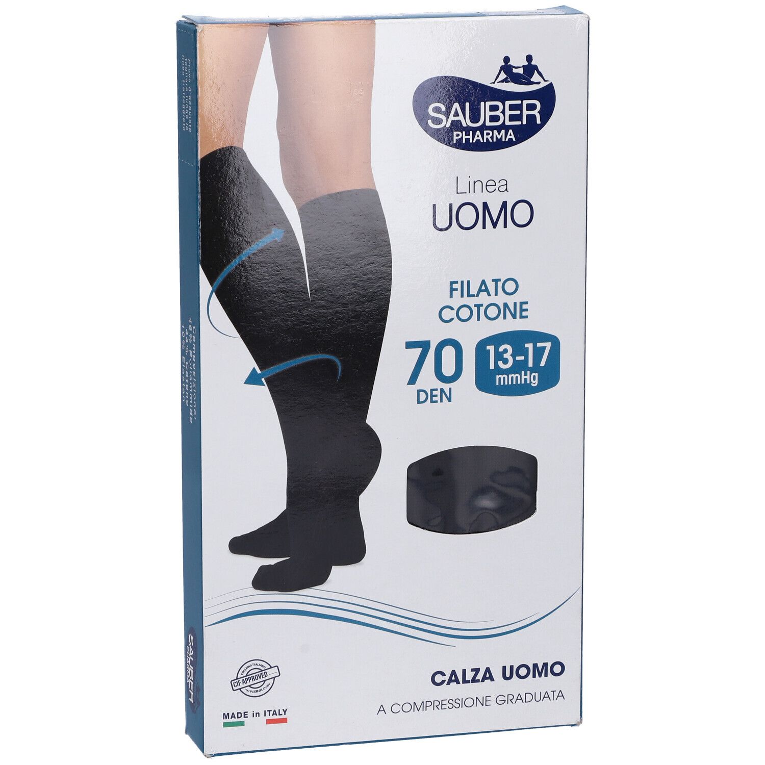 Confezione calze a compressione. Calze nere, marchio Sauber Pharma, linea Uomo, Filato Cotone, 70 Den. Taglia S/M.