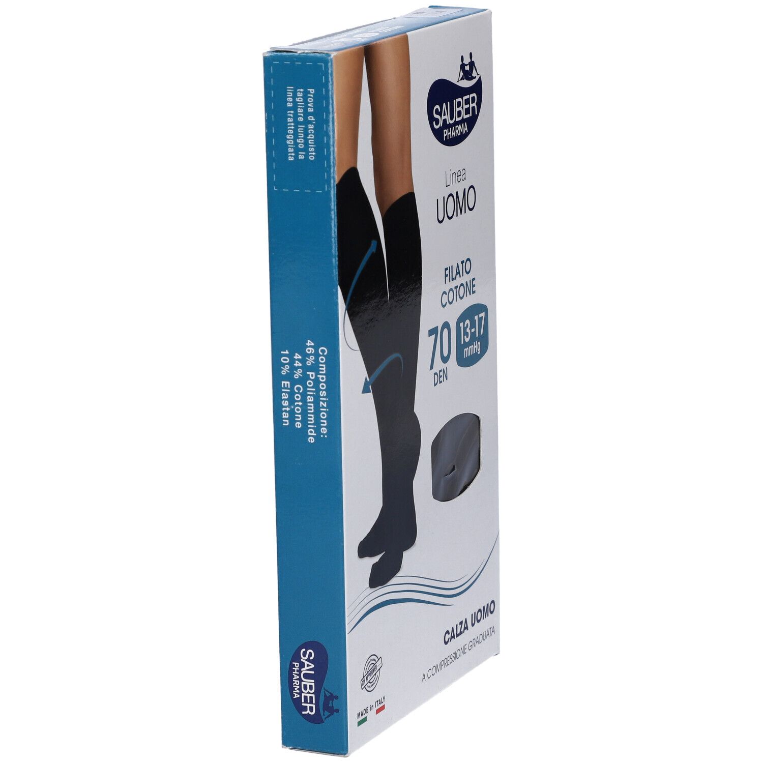 Confezione calze a compressione. Marca Sauber Pharma, linea Uomo, Filato Cotone, 70 Den, 13-17 mmHg, colore nero.