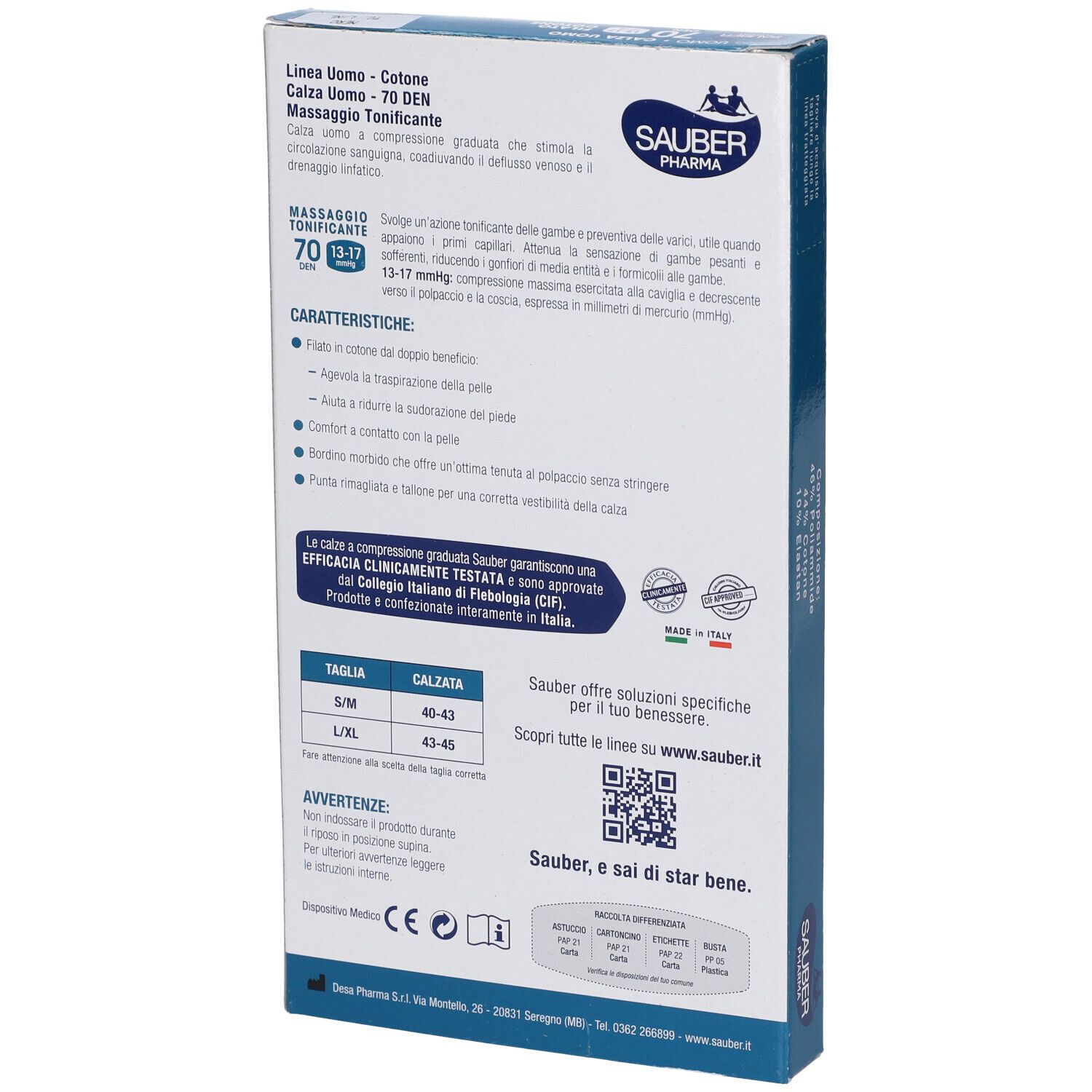Retro della confezione con informazioni prodotto. Marca Sauber Pharma, linea Uomo, Filato Cotone, 70 Den, 13-17 mmHg.