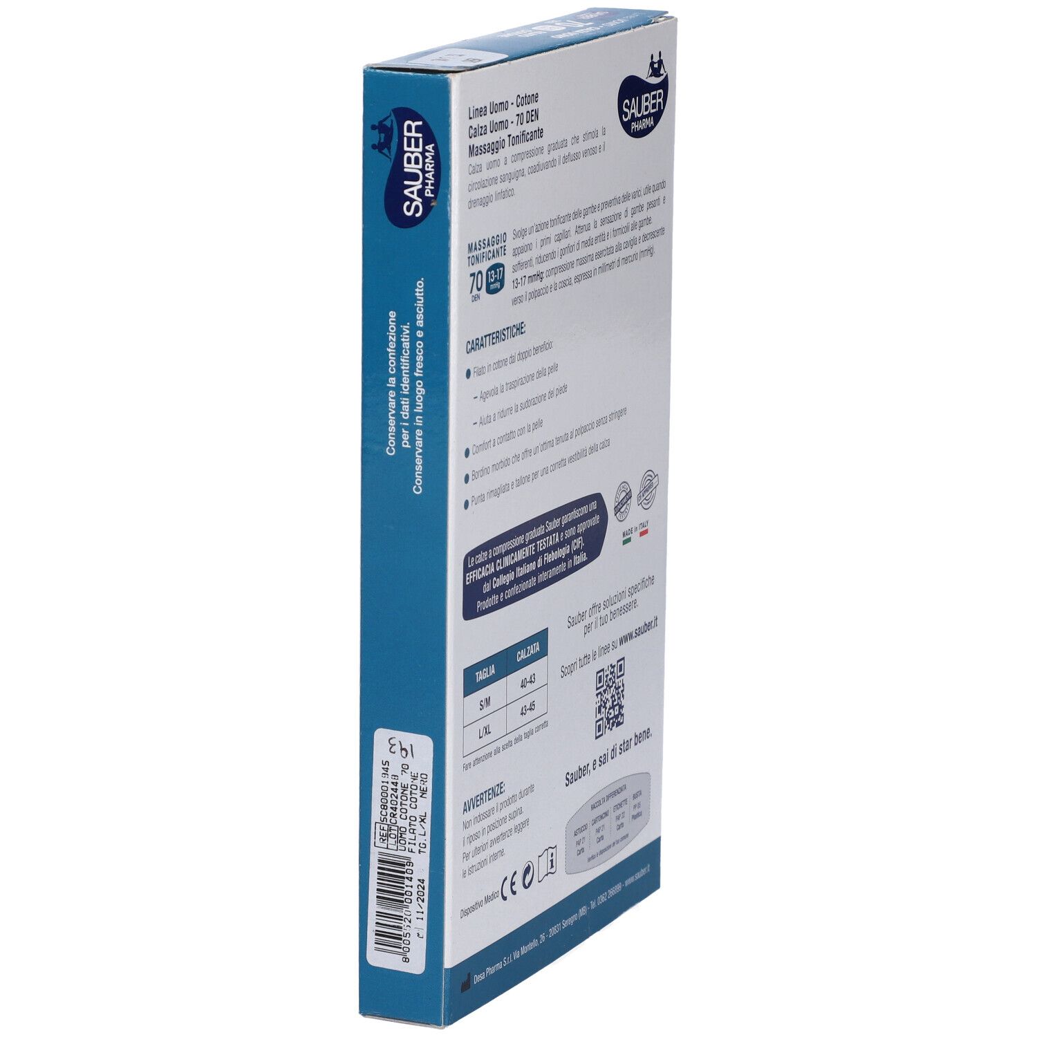 Vista laterale della confezione con informazioni prodotto. Marca Sauber Pharma, linea Uomo, Filato Cotone, 70 Den, 13-17 mmHg.