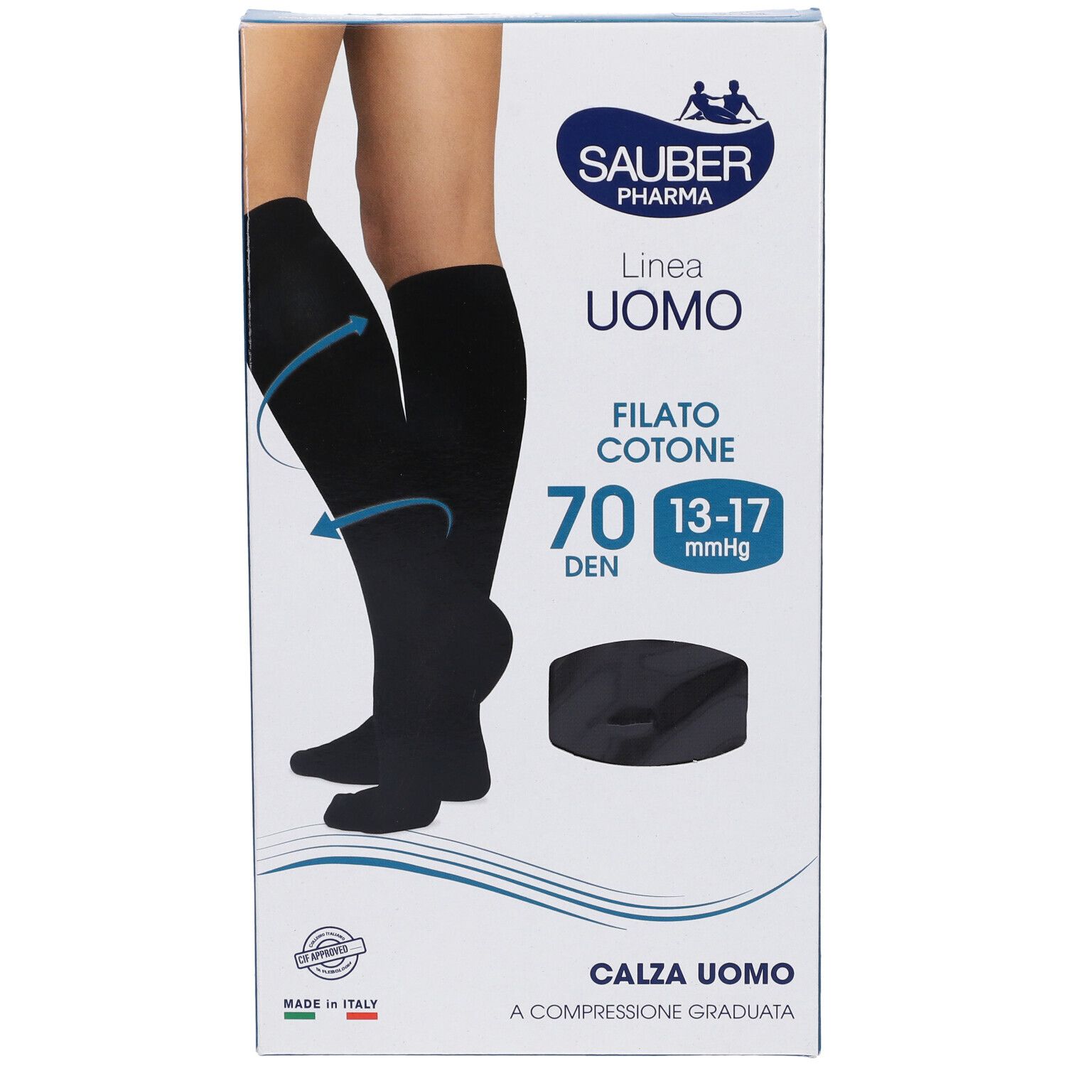 Confezione calze a compressione. Marca Sauber Pharma, linea Uomo, Filato Cotone, 70 Den, 13-17 mmHg, colore nero.