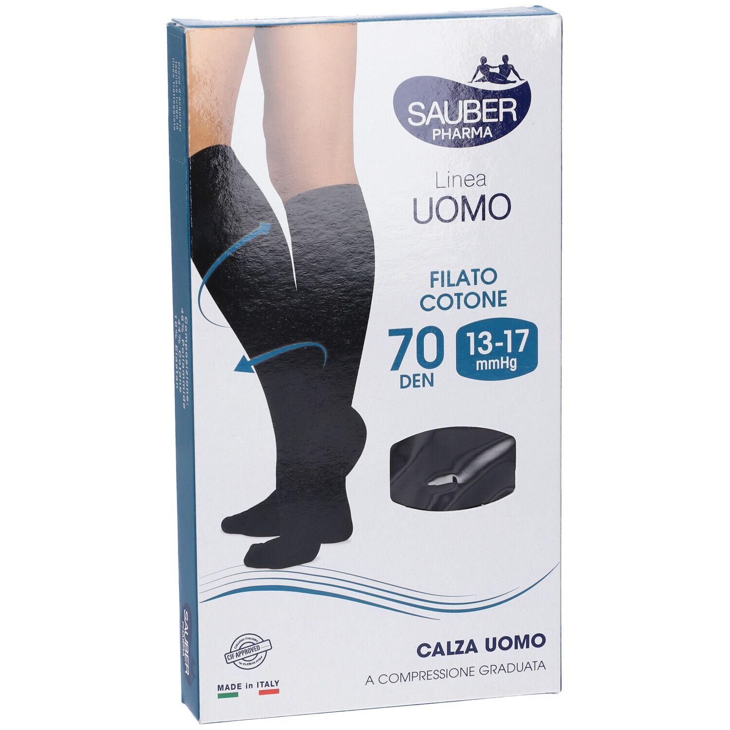 Confezione calze a compressione. Marca Sauber Pharma, linea Uomo, Filato Cotone, 70 Den, 13-17 mmHg, colore nero.