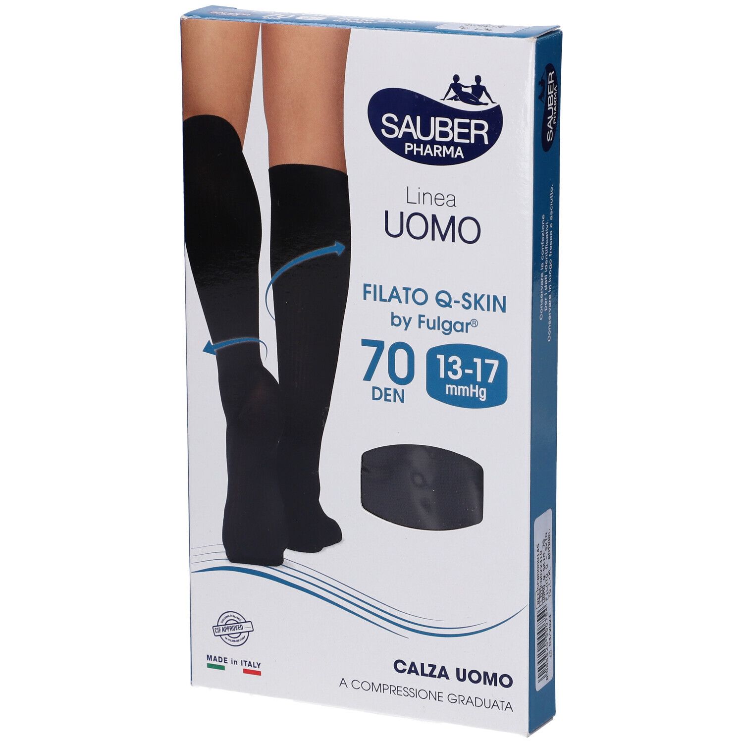 Confezione calze Sauber Uomo Q-Skin 70 Den Antracite. Immagine gambe con calze. Dettagli prodotto visibili.