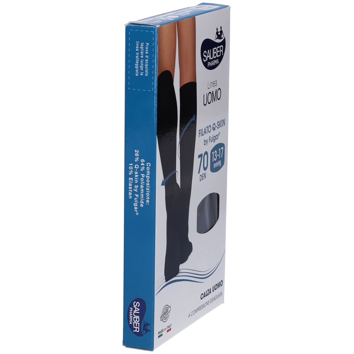 Confezione calze Sauber Uomo Q-Skin 70 Den Antracite. Vista laterale. Informazioni prodotto e marchio.