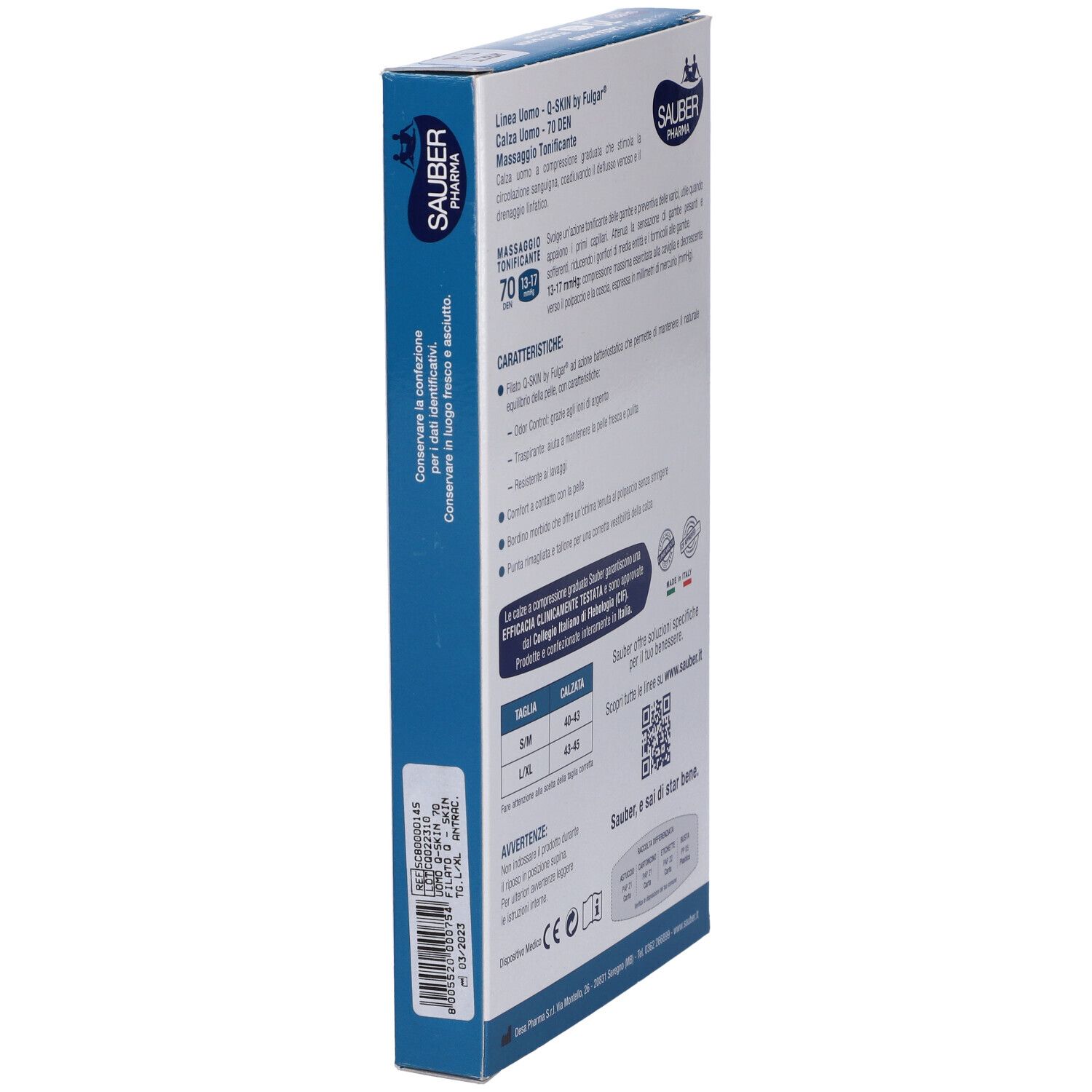 Vista laterale confezione calze Sauber Uomo Q-Skin 70 Den Antracite. Informazioni prodotto.