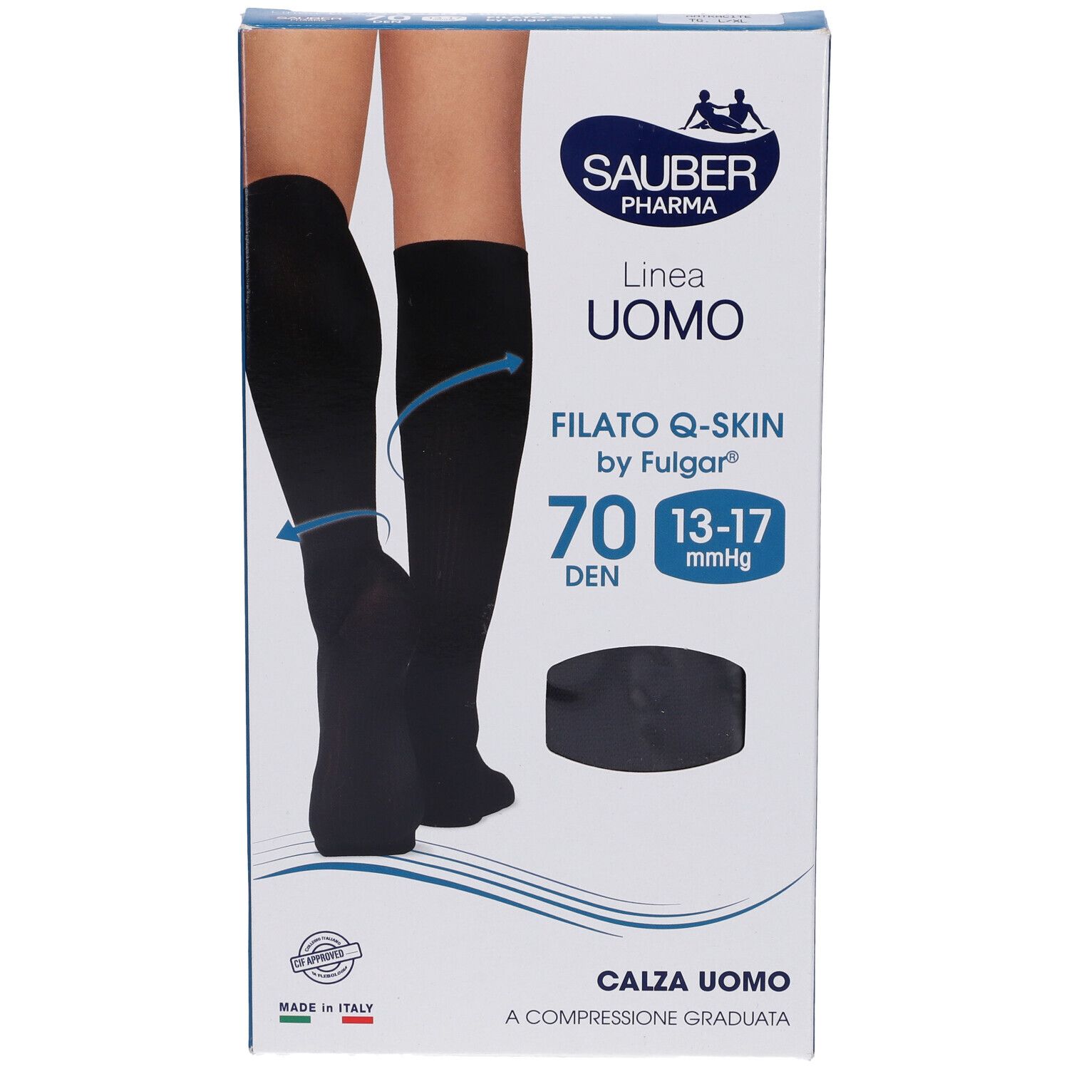 Confezione calze Sauber Uomo Q-Skin 70 Den Antracite. Immagine gambe con calze. Informazioni prodotto.