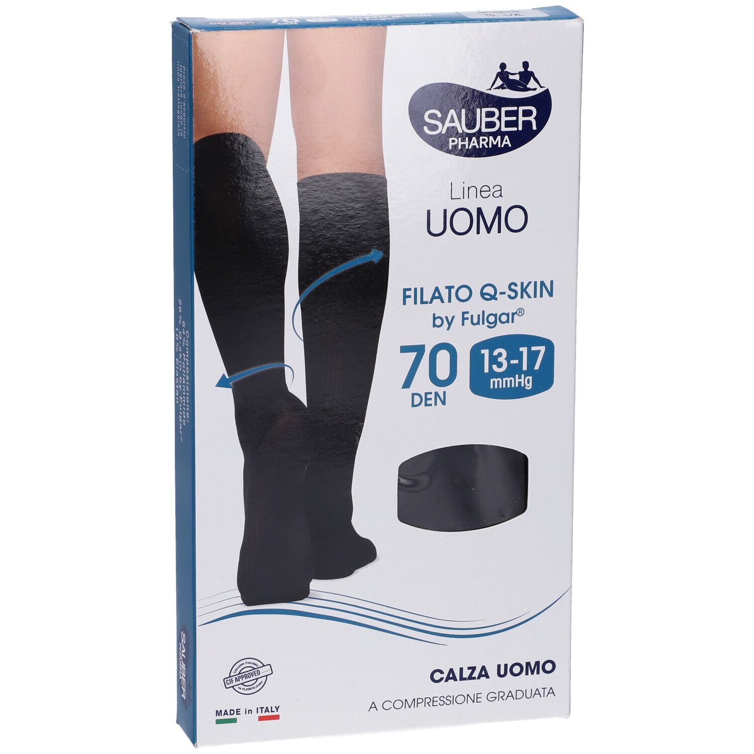 Confezione calze Sauber Uomo Q-Skin 70 Den Antracite. Immagine gambe con calze. Informazioni prodotto.