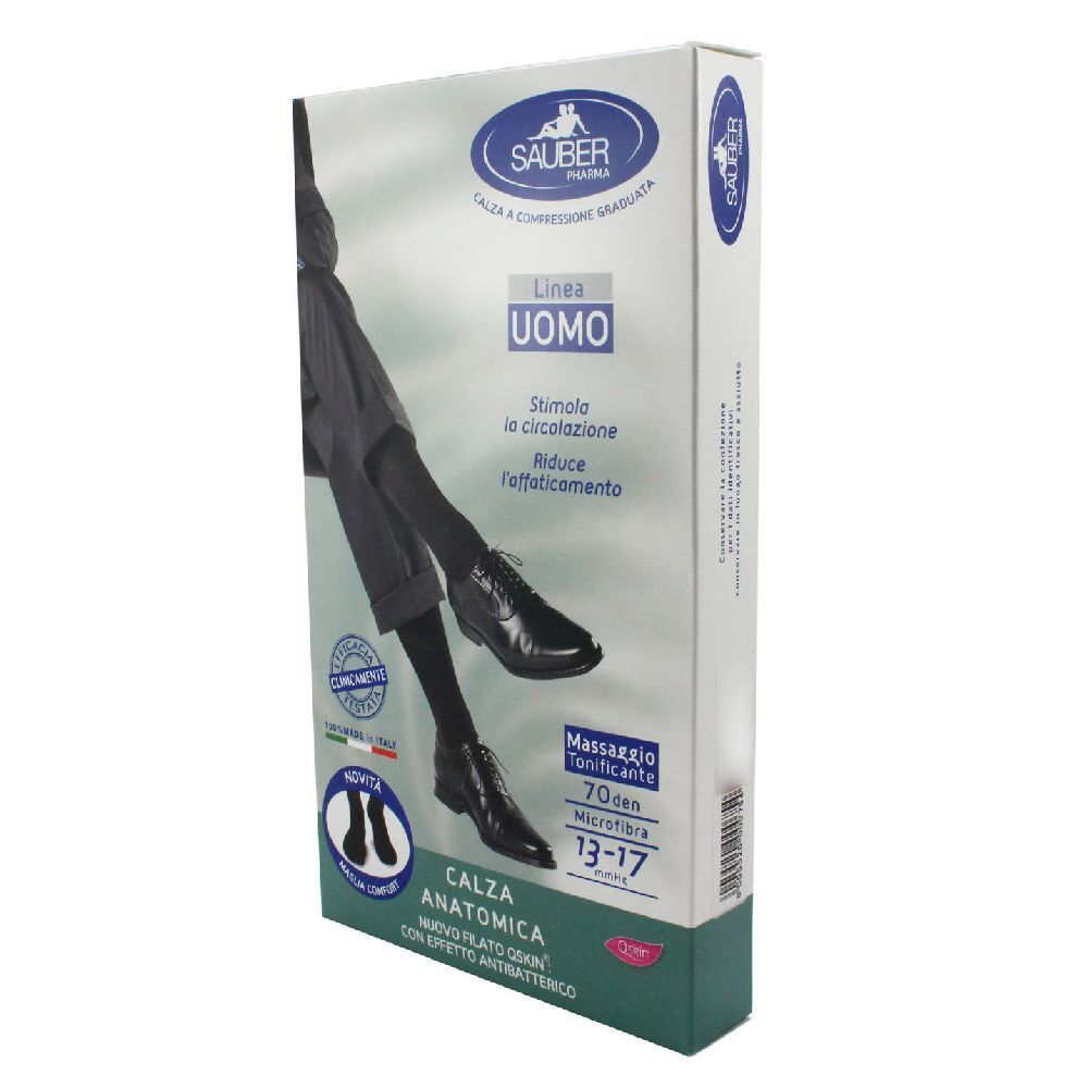 Confezione calze compressive. Testo: Sauber Uomo, Calza Anatomica, 70 Den, Blu, Tg S/M. Immagine: gambe con calze.