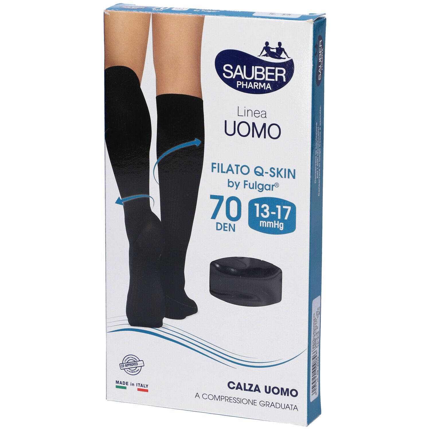 Confezione calze compressive. Testo: Sauber Pharma, Uomo, Filato Q-Skin, 70 Den, 13-17 mmHg. Immagine: gambe con calze.