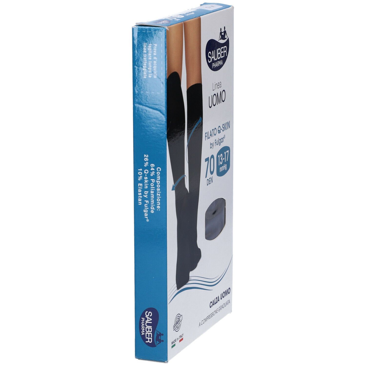 Confezione calze compressive. Testo: Sauber Pharma, Uomo, Filato Q-Skin, 70 Den, 13-17 mmHg. Composizione, Made in Italy.