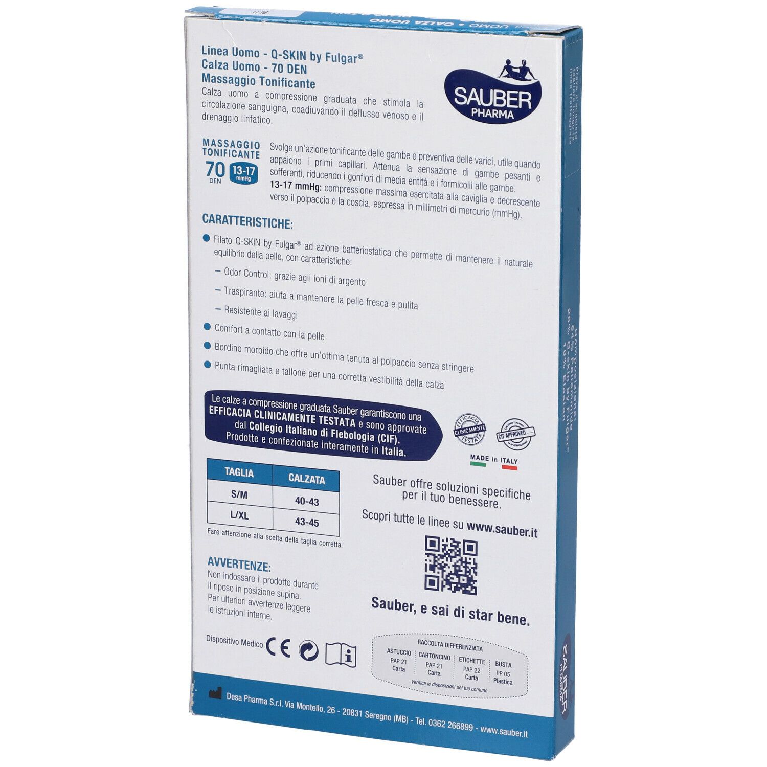 Retro della confezione calze compressive. Testo: Sauber, Caratteristiche, Made in Italy, Taglie.