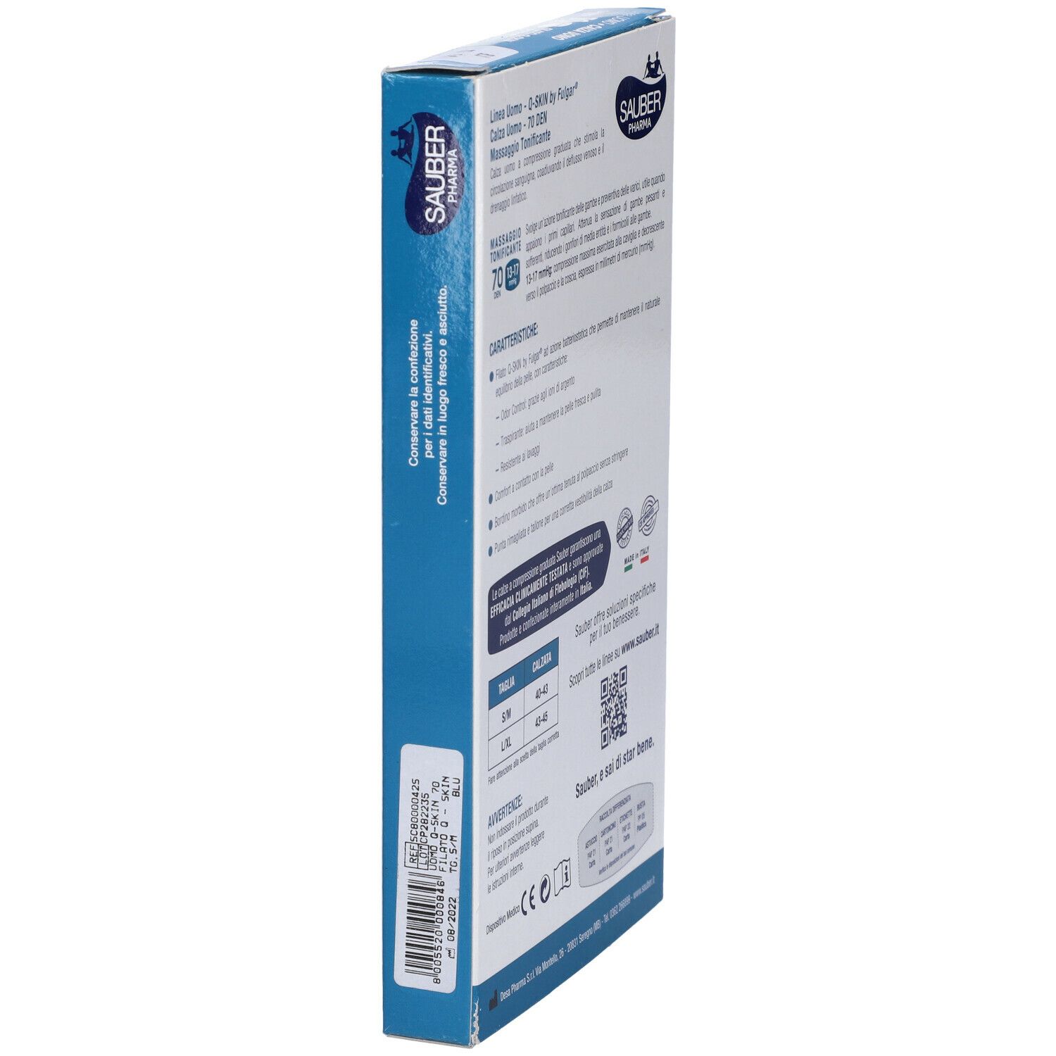 Lato della confezione calze compressive. Testo: Sauber Pharma, Taglie, Numero di lotto, QR code, Made in Italy.