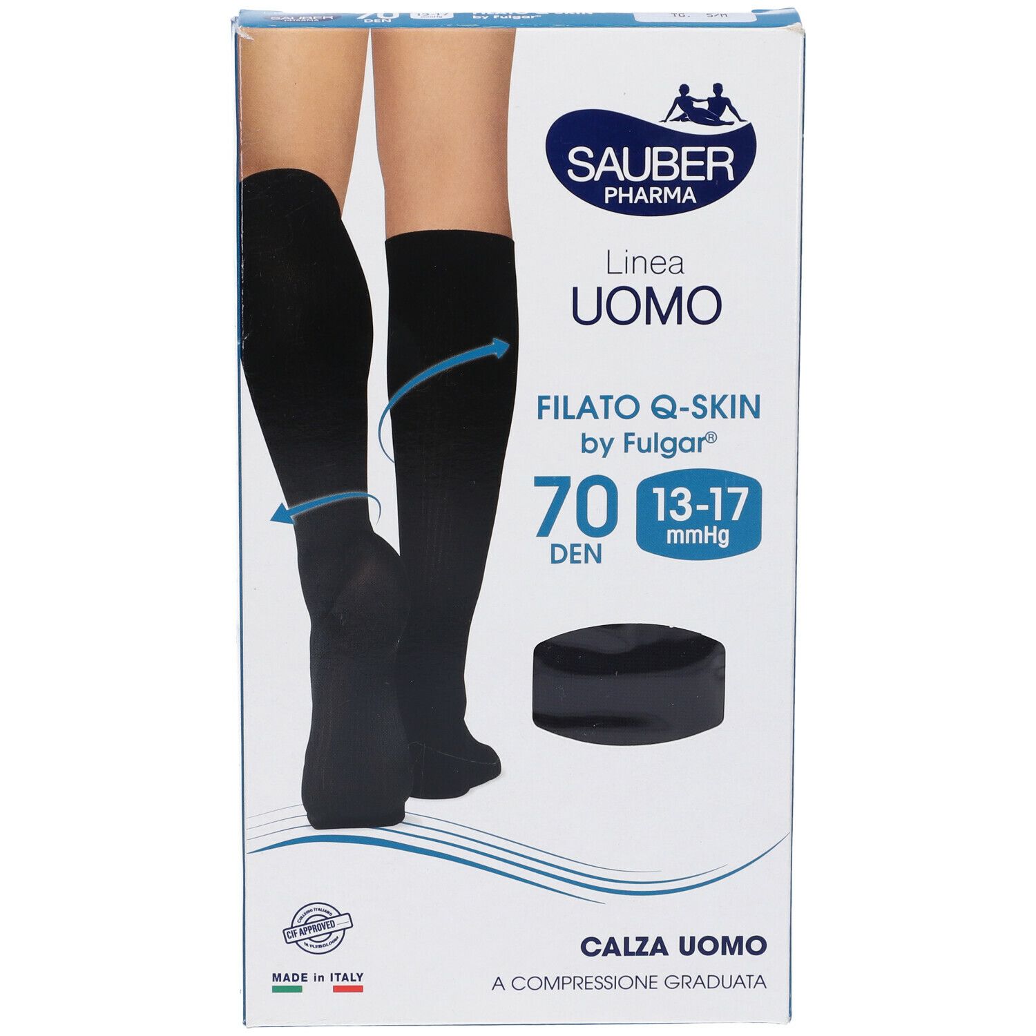 Confezione calze compressive. Testo: Sauber Pharma, Uomo, Filato Q-Skin, 70 Den, 13-17 mmHg. Immagine: gambe con calze.