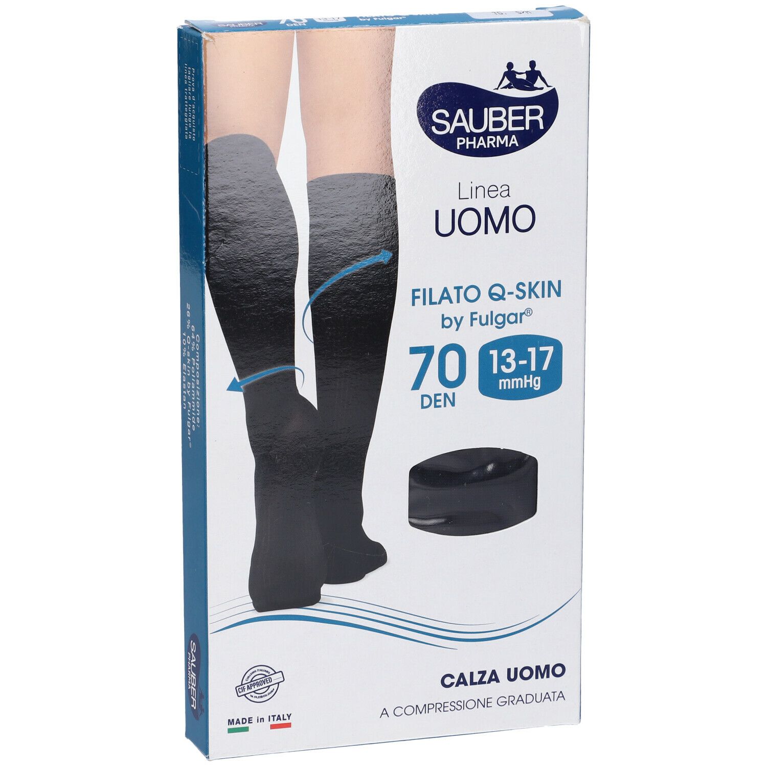 Confezione calze compressive. Testo: Sauber Pharma, Uomo, Filato Q-Skin, 70 Den, 13-17 mmHg. Immagine: gambe con calze.