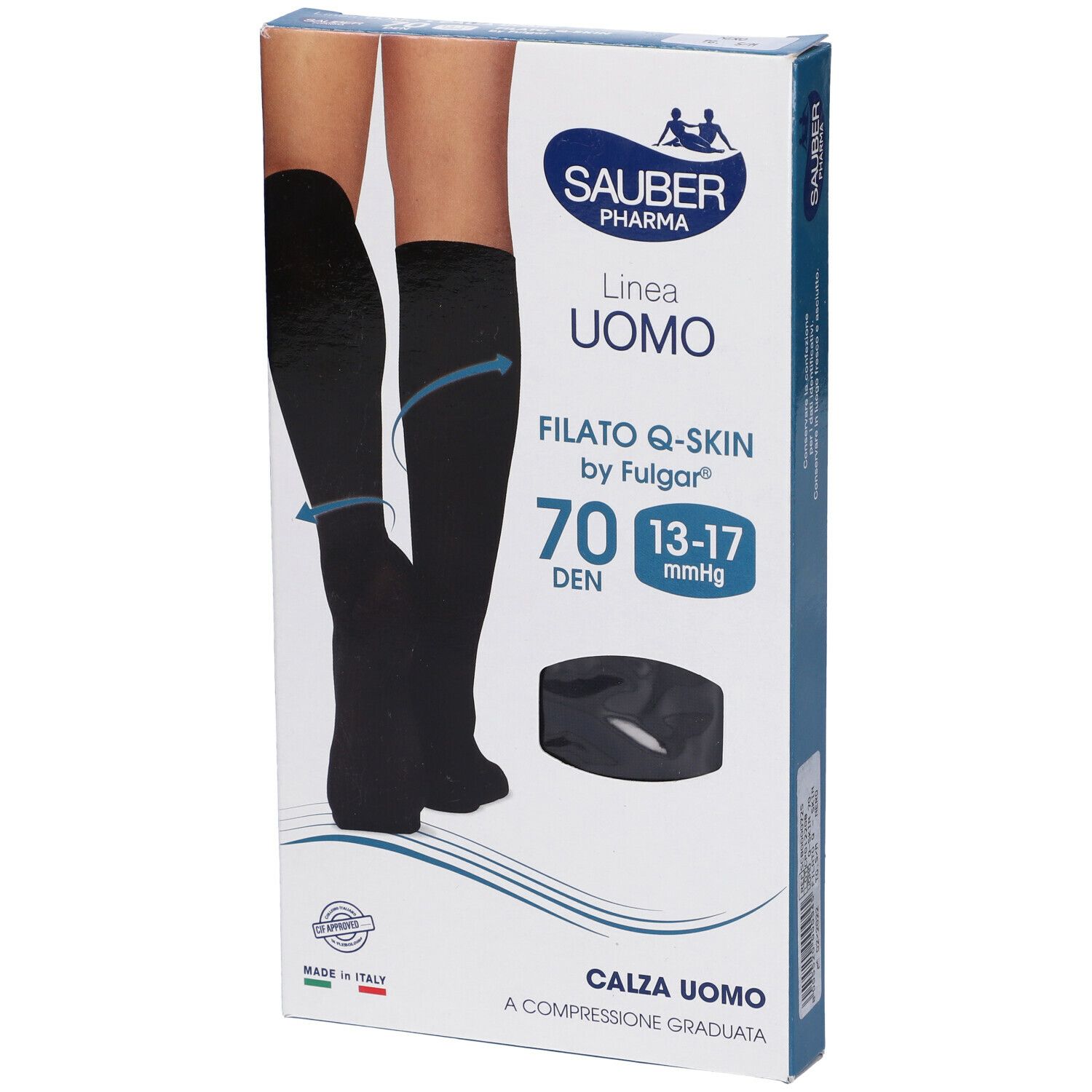 Confezione calze a compressione nere. Marca Sauber Uomo, Q-Skin 70 Den. Vista laterale.