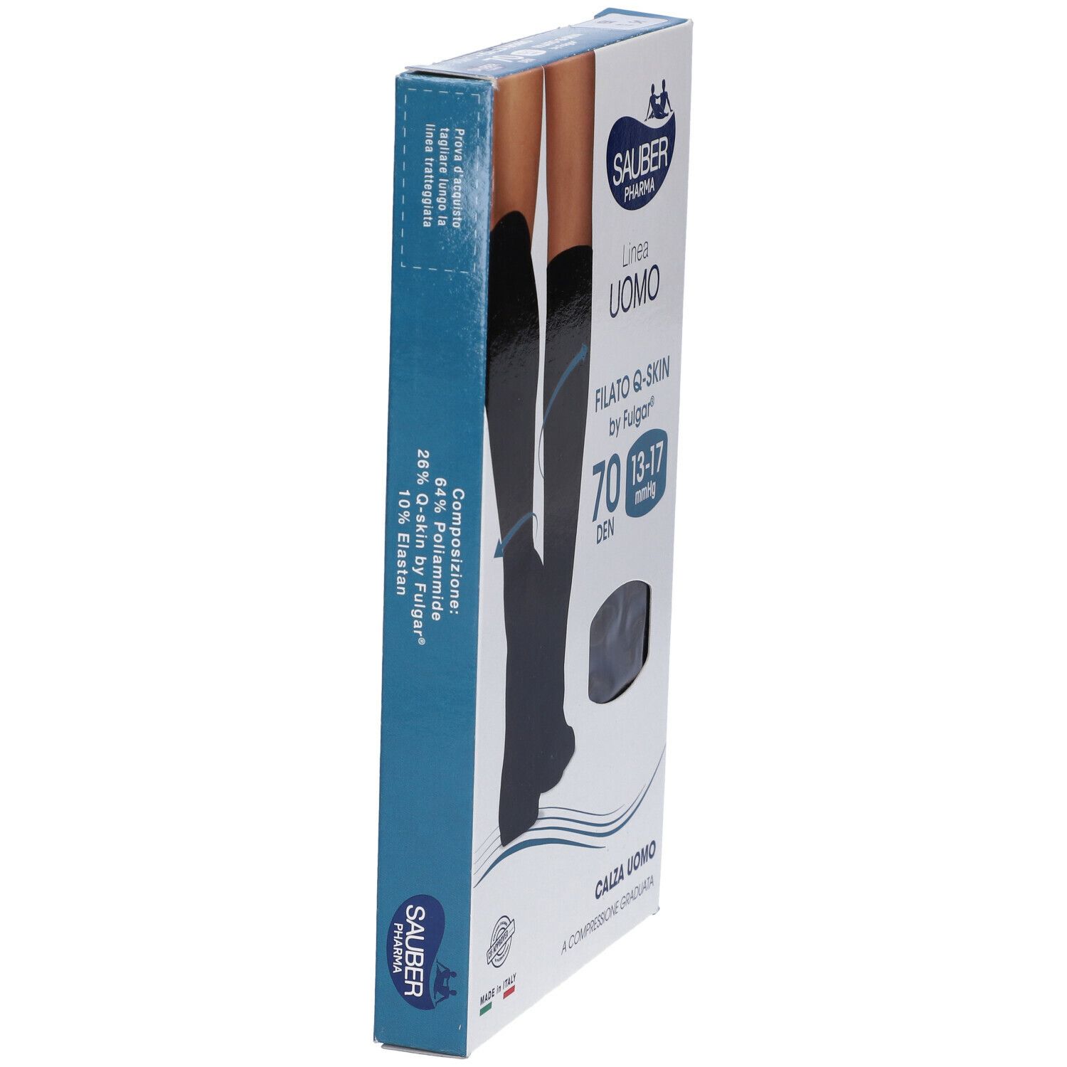 Confezione calze a compressione nere. Marca Sauber Uomo, Q-Skin 70 Den. Vista laterale.