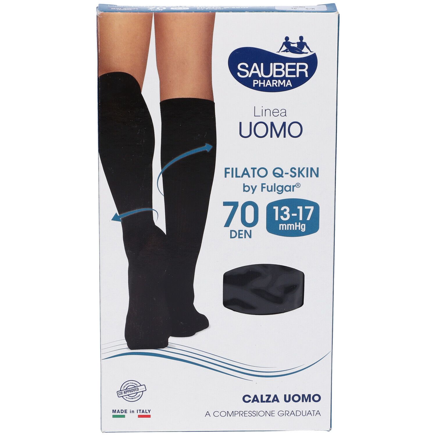 Confezione calze a compressione nere. Marca Sauber Uomo, Q-Skin 70 Den. Immagine di gambe con calze.