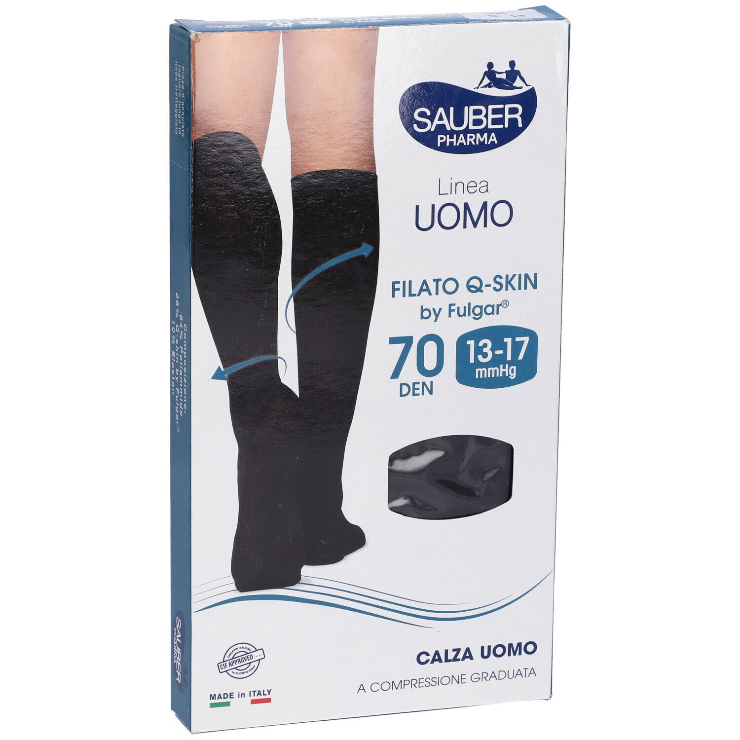 Confezione calze a compressione nere. Marca Sauber Uomo, Q-Skin 70 Den. Immagine di gambe con calze.