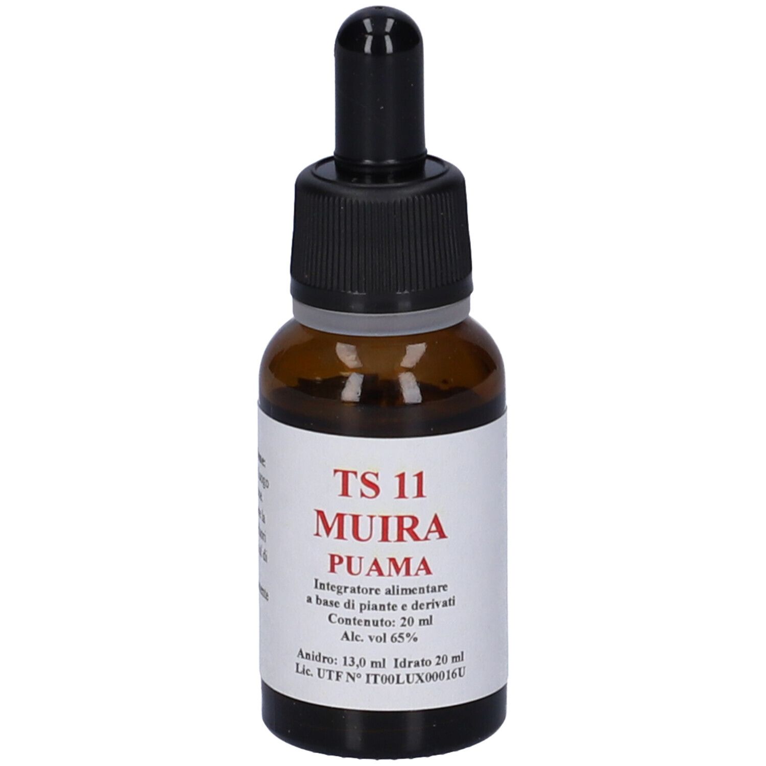 Flacone di vetro marrone con contagocce nero. Etichetta rossa: TS 11 Muira Puama. Contenuto: 20 ml.