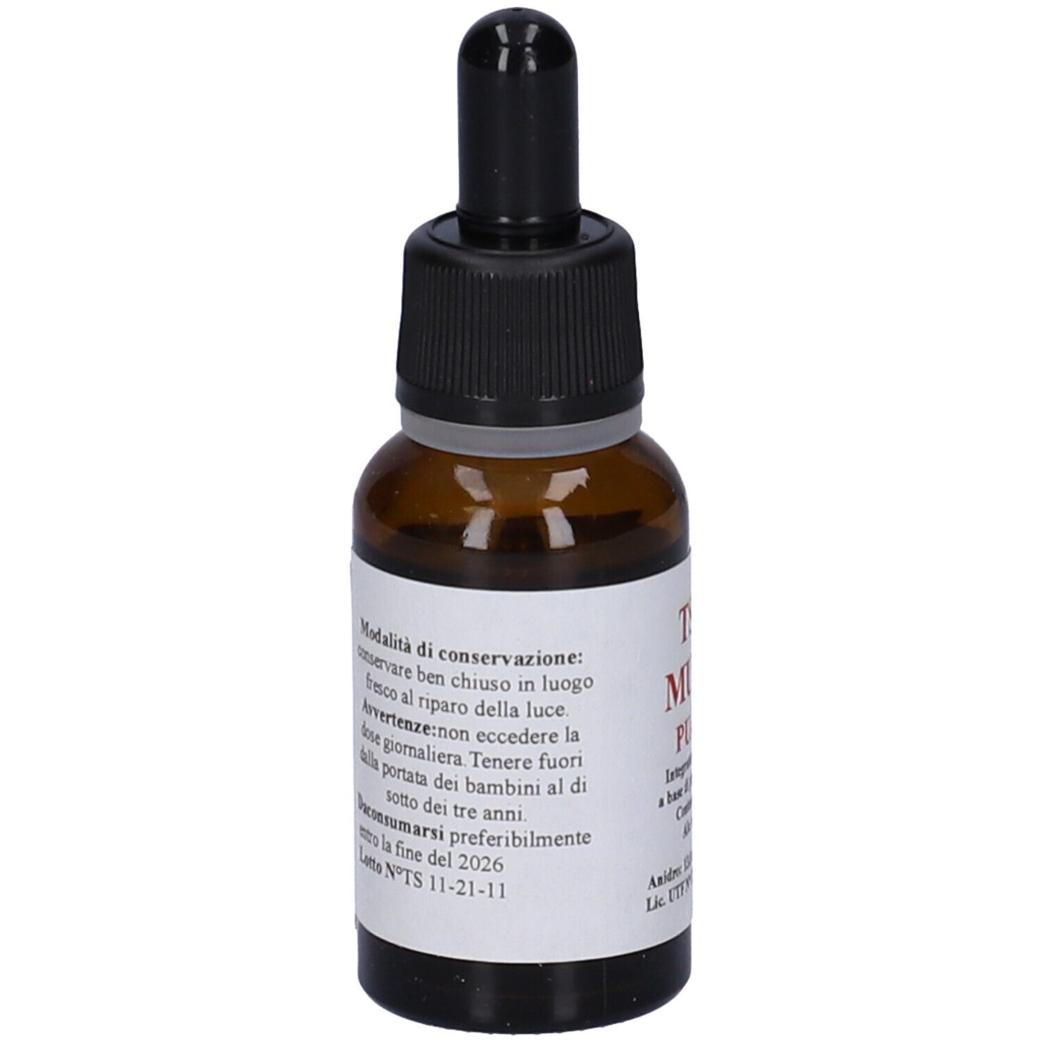 Flacone di vetro marrone con contagocce nero. Etichetta con testo. Retro con testo. Contenuto: 20 ml.