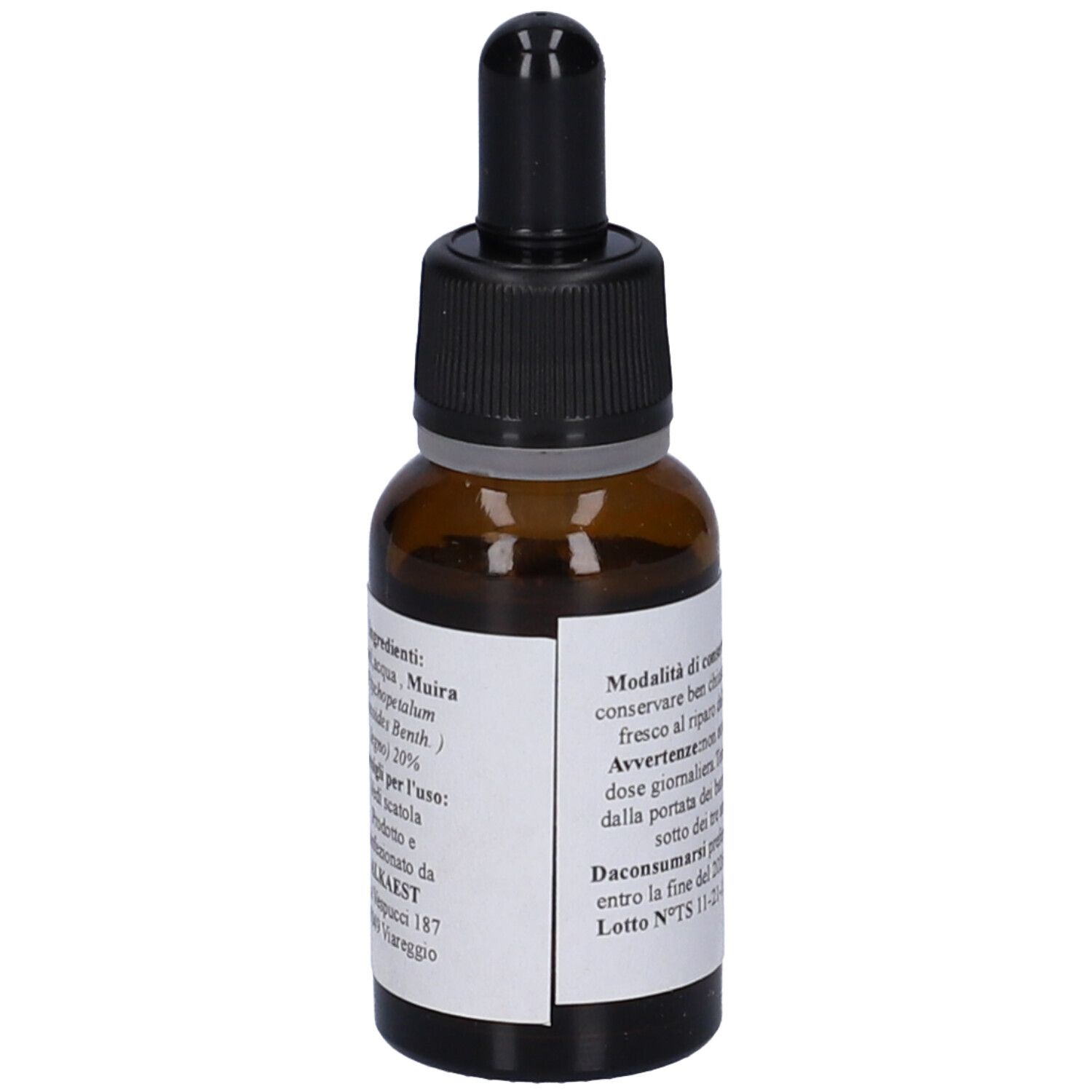 Flacone di vetro marrone con contagocce nero. Etichetta con testo. Retro con testo. Contenuto: 20 ml.