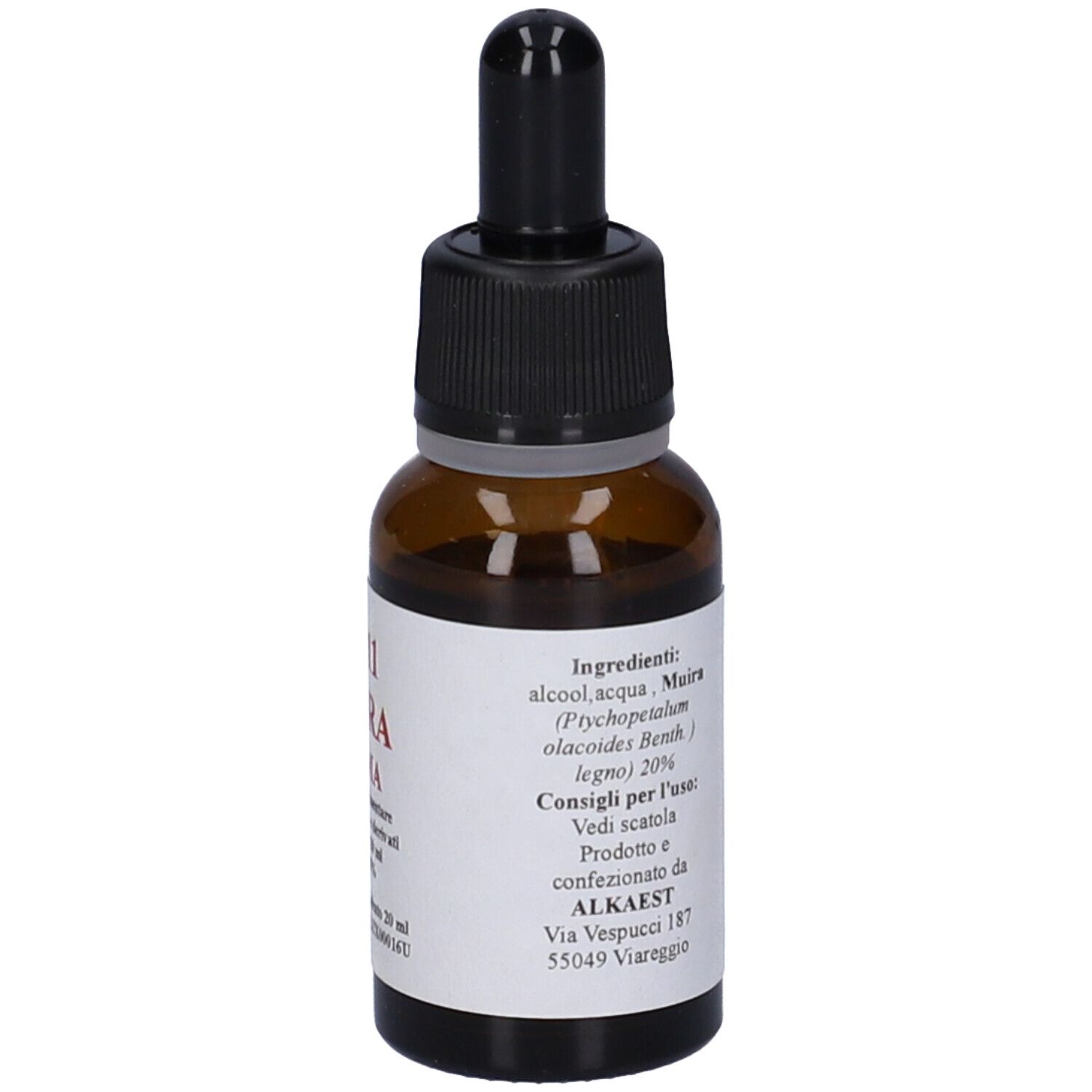 Flacone di vetro marrone con contagocce nero. Etichetta con testo. Retro con testo. Contenuto: 20 ml.