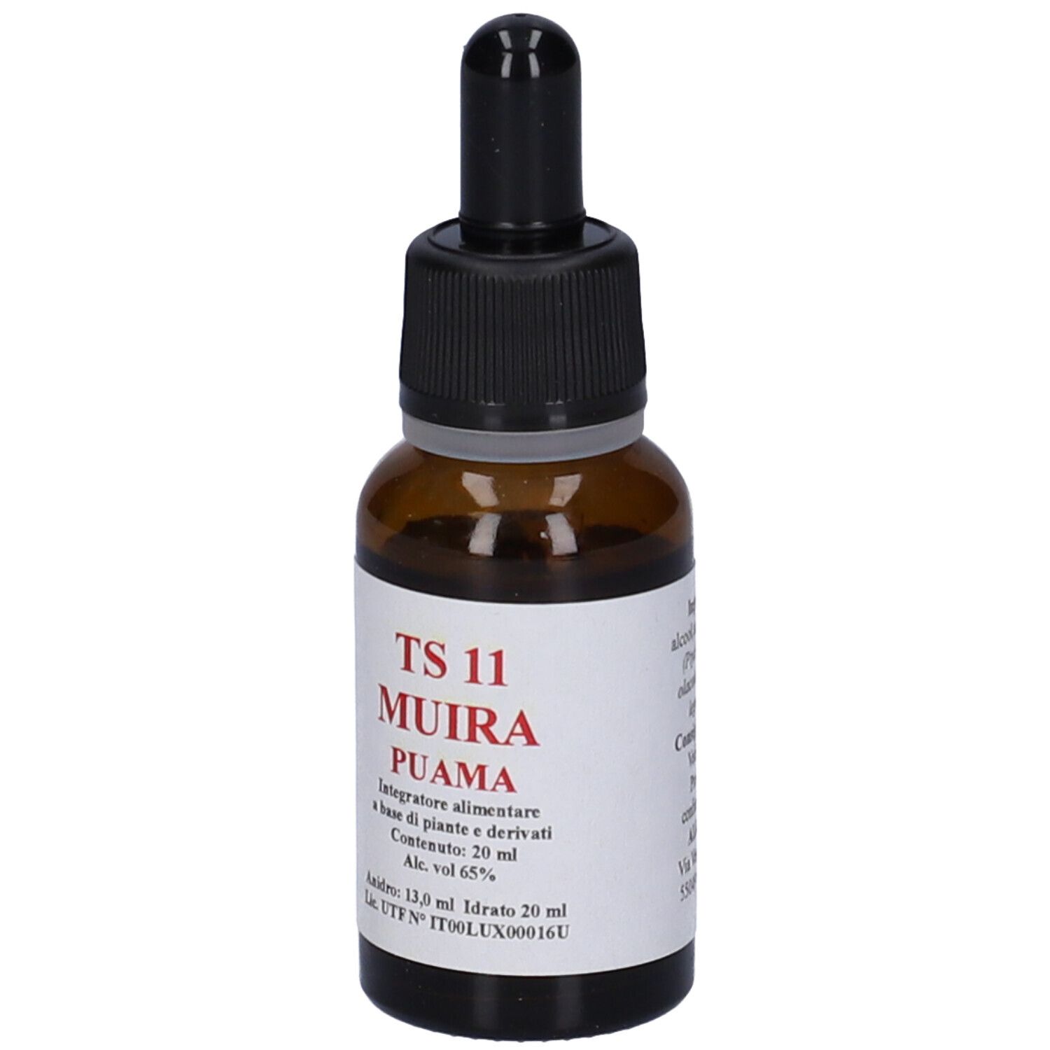 Flacone di vetro marrone con contagocce nero. Etichetta rossa: TS 11 Muira Puama. Contenuto: 20 ml.