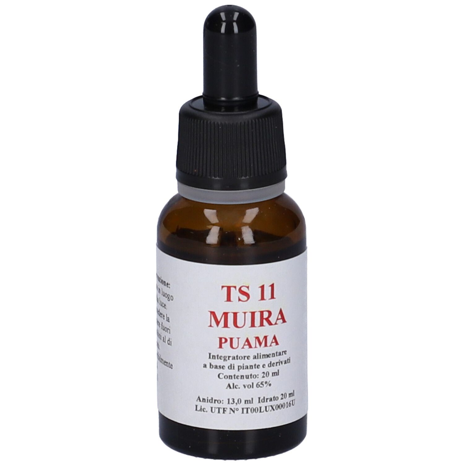 Flacone di vetro marrone con contagocce nero. Etichetta rossa: TS 11 Muira Puama. Contenuto: 20 ml.