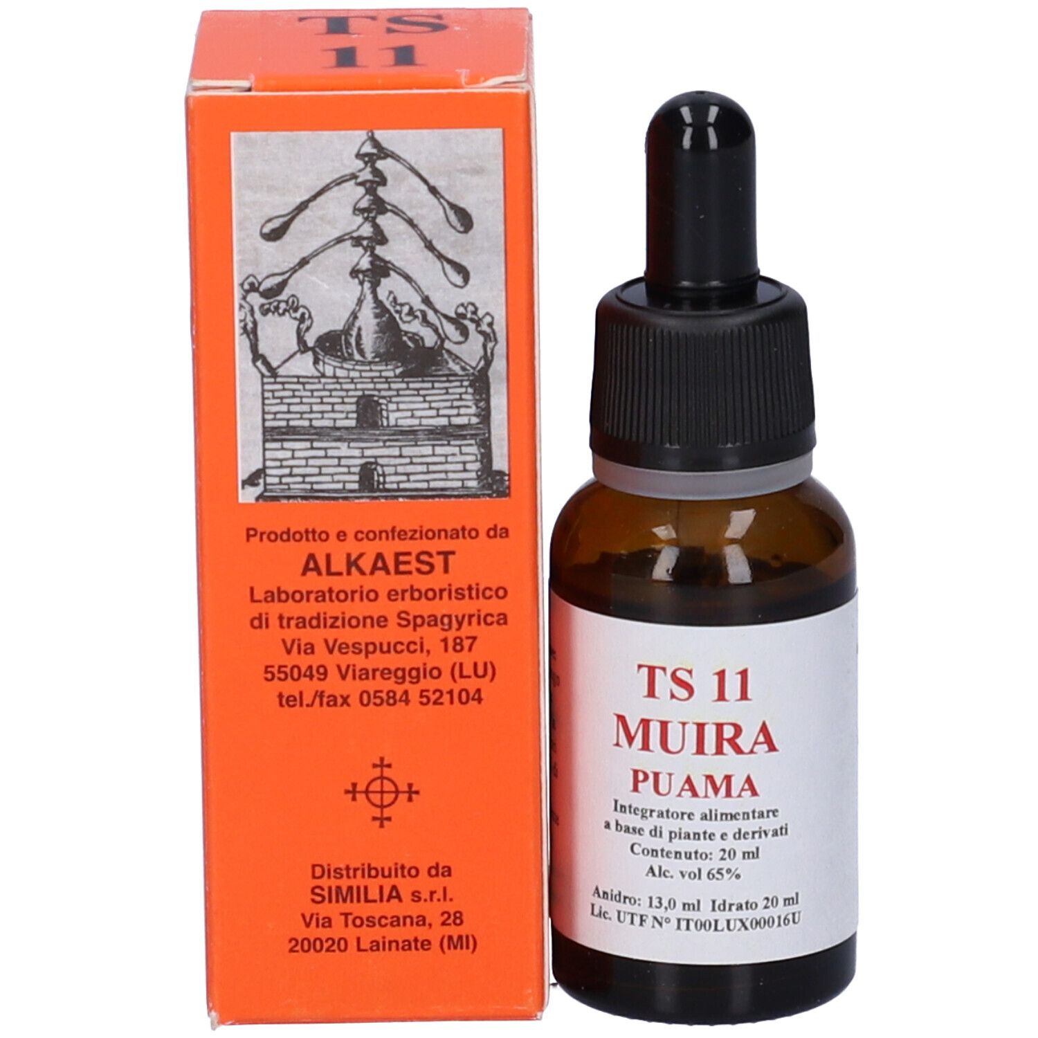 Flacone di vetro marrone con contagocce nero e scatola arancione. Sulla scatola: TS 11. Contenuto: 20 ml.