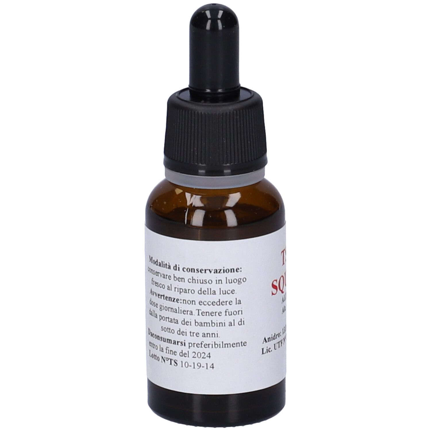 Flacone di vetro marrone con contagocce nero. Etichetta con testo. Retro con informazioni di conservazione e scadenza.