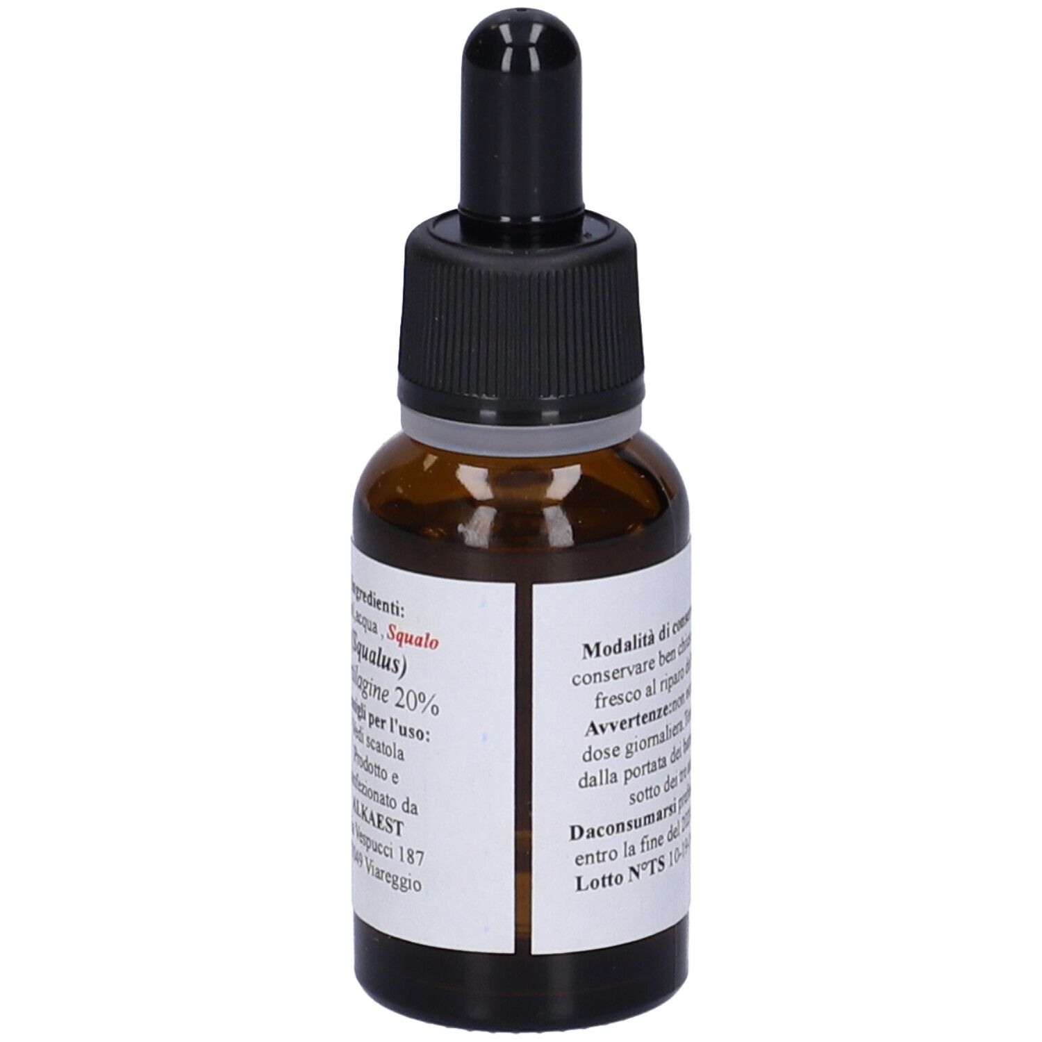 Flacone di vetro marrone con contagocce nero. Etichetta con ingredienti e consigli d'uso. Contiene Squalus.