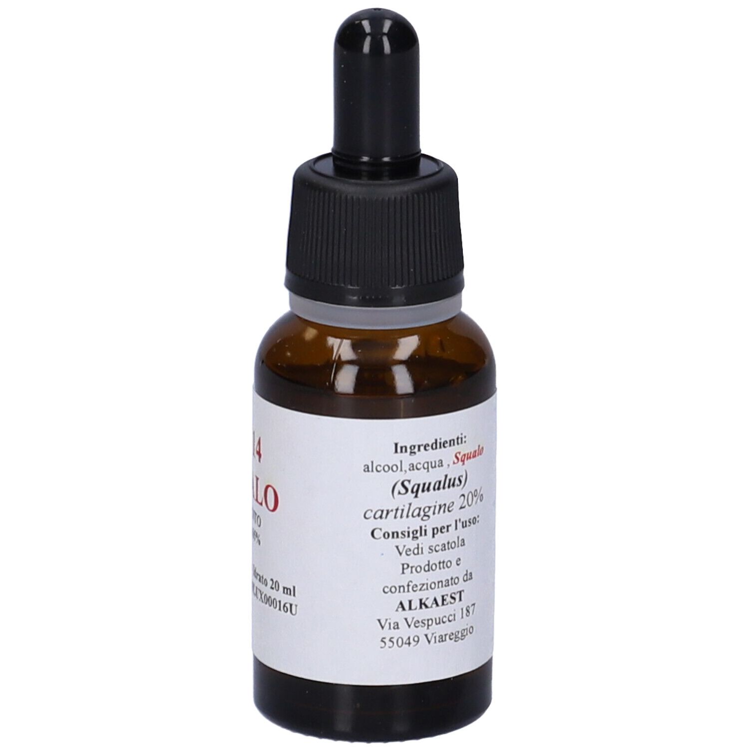Flacone di vetro marrone con contagocce nero. Etichetta con ingredienti e informazioni produttore. Contiene Squalus.