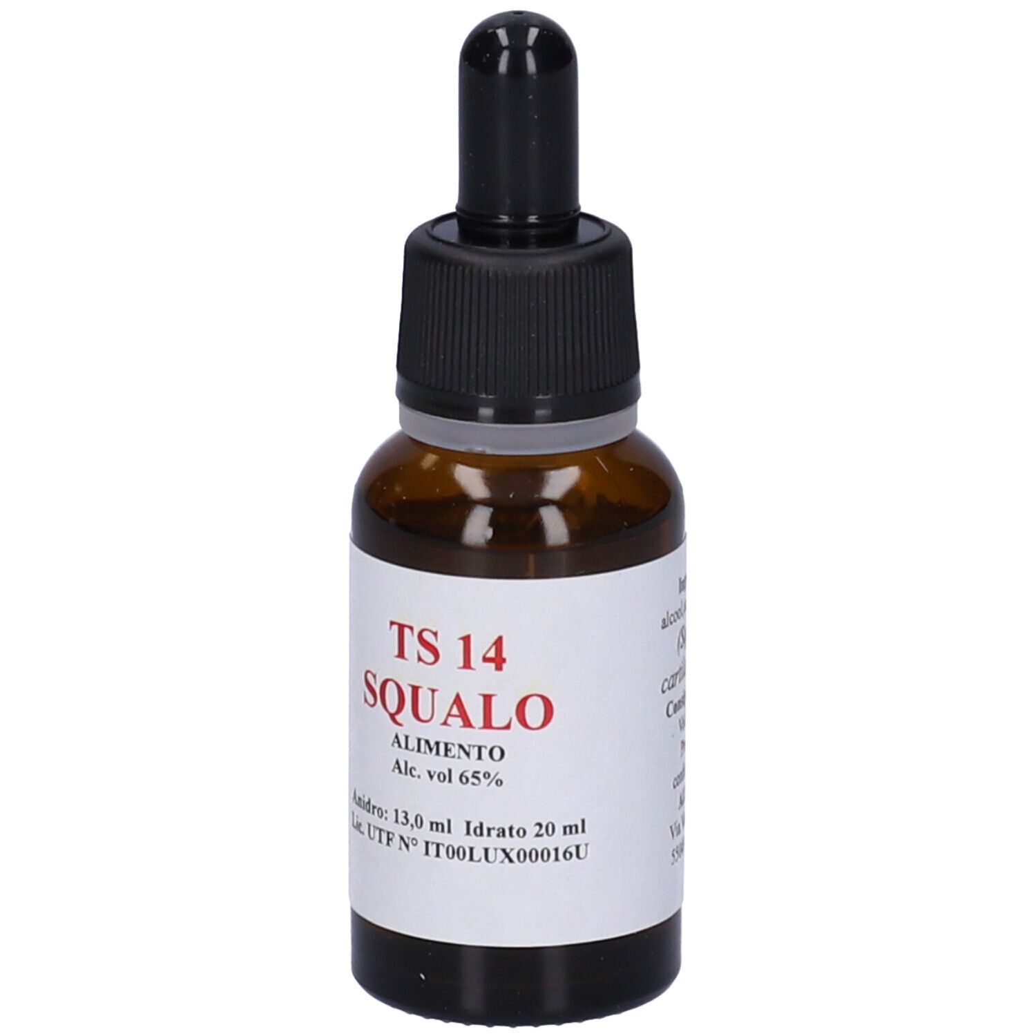 Flacone di vetro marrone con contagocce nero. Etichetta con testo rosso: TS 14 SQUALO. Contiene 20 ml.