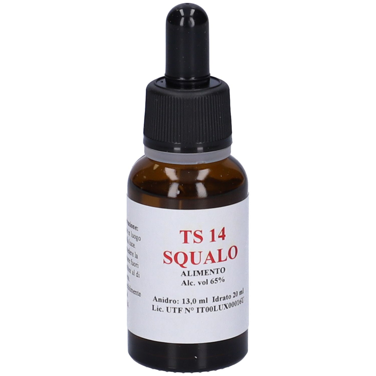 Flacone di vetro marrone con contagocce nero. Etichetta con testo rosso: TS 14 SQUALO. Contiene 20 ml.