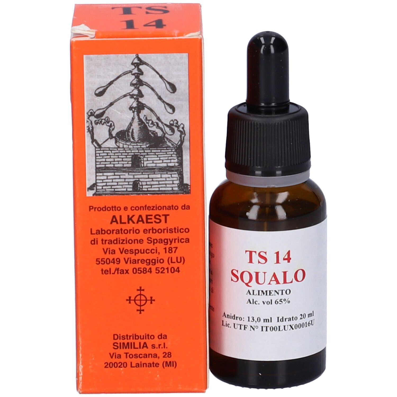 Flacone di vetro marrone con contagocce nero e scatola arancione. Scritta: TS 14 SQUALO. Contiene 20 ml.