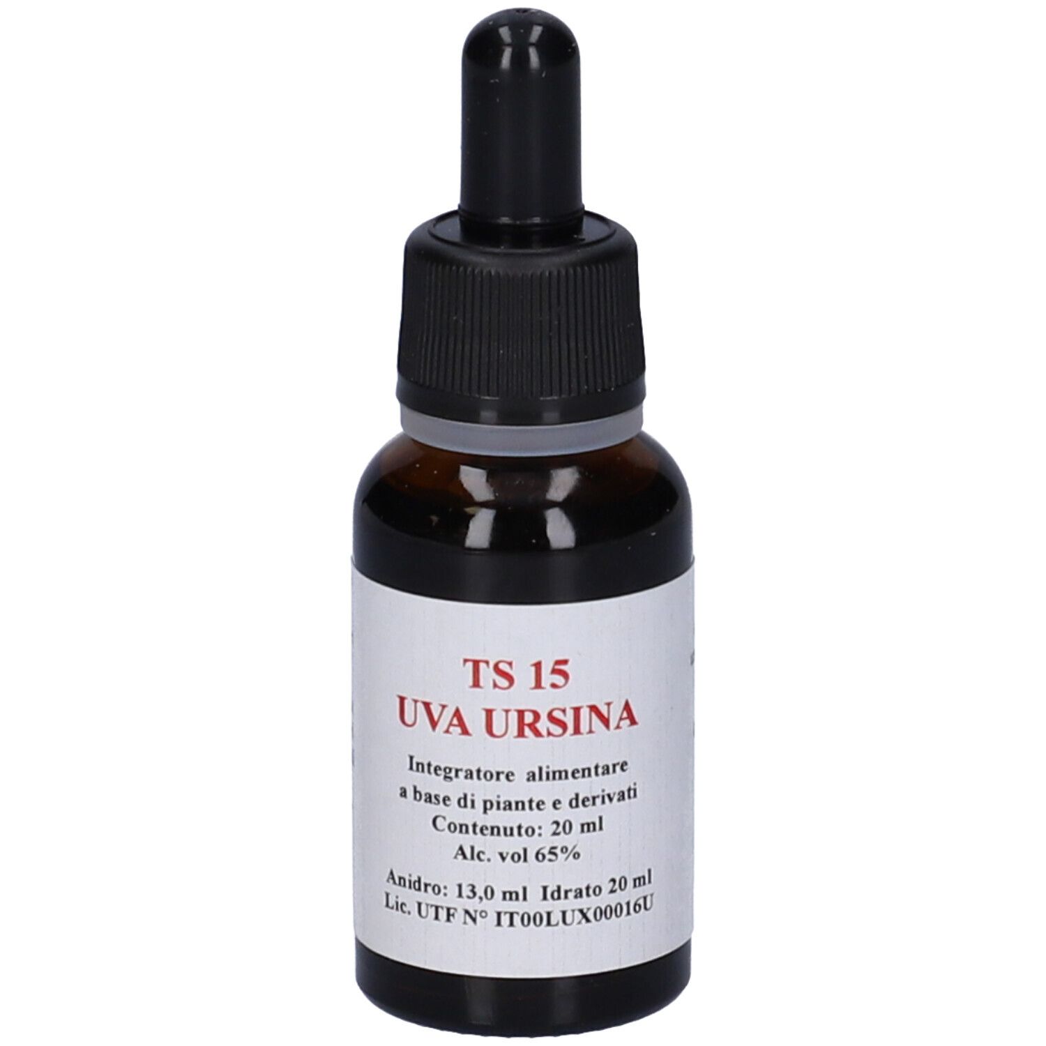 Flacone di vetro marrone con tappo nero e contagocce. Etichetta con testo: TS 15 Uva Ursina. Contenuto: 20 ml.