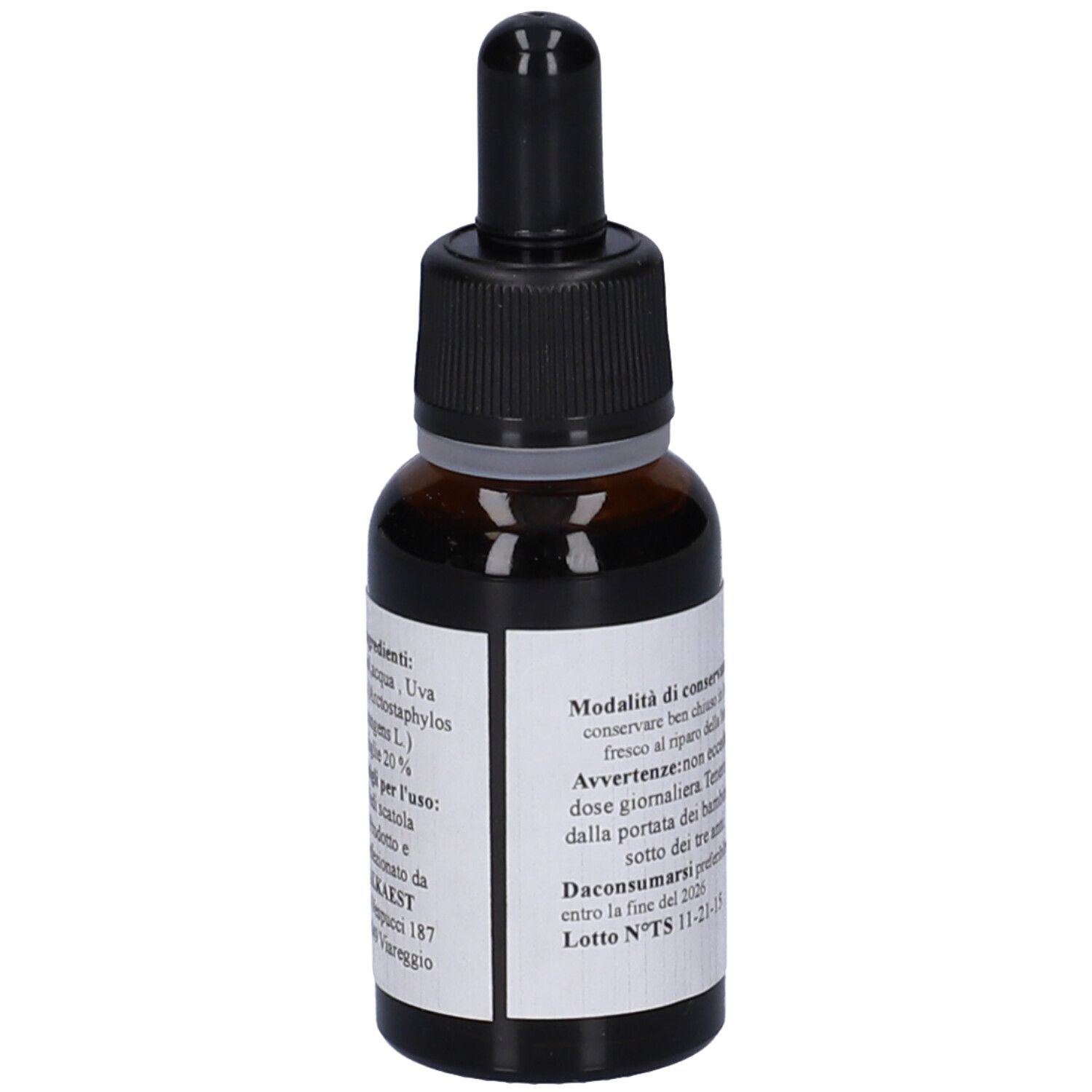 Flacone di vetro marrone con tappo nero e contagocce. Etichetta con ingredienti e consigli per l'uso.