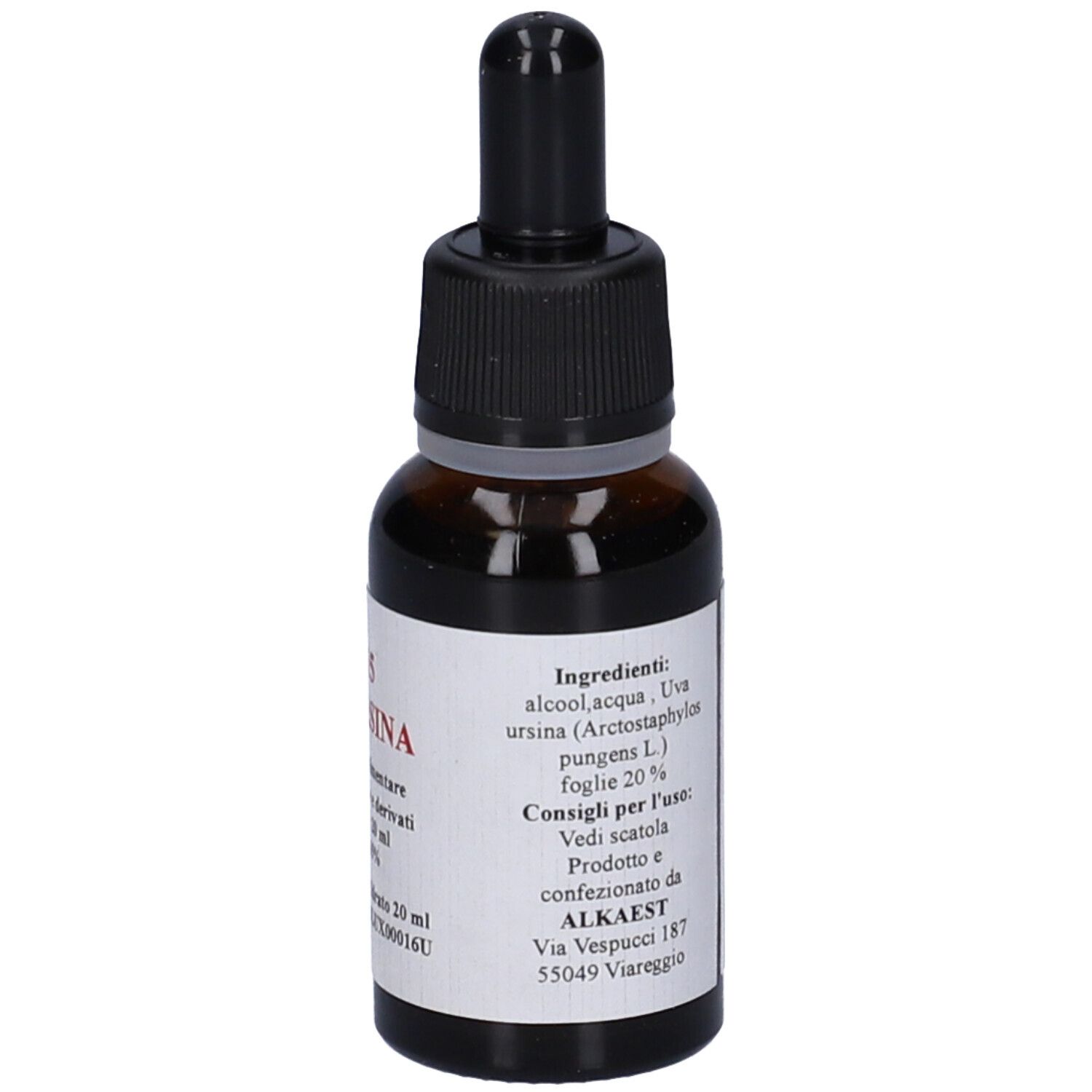 Flacone di vetro marrone con tappo nero e contagocce. Etichetta con ingredienti e informazioni del produttore.