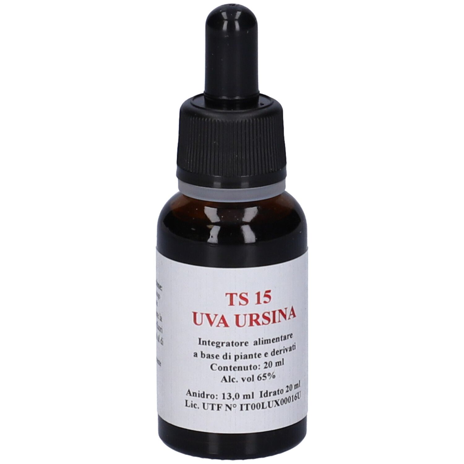 Flacone di vetro marrone con tappo nero e contagocce. Etichetta con testo: TS 15 Uva Ursina. Contenuto: 20 ml.