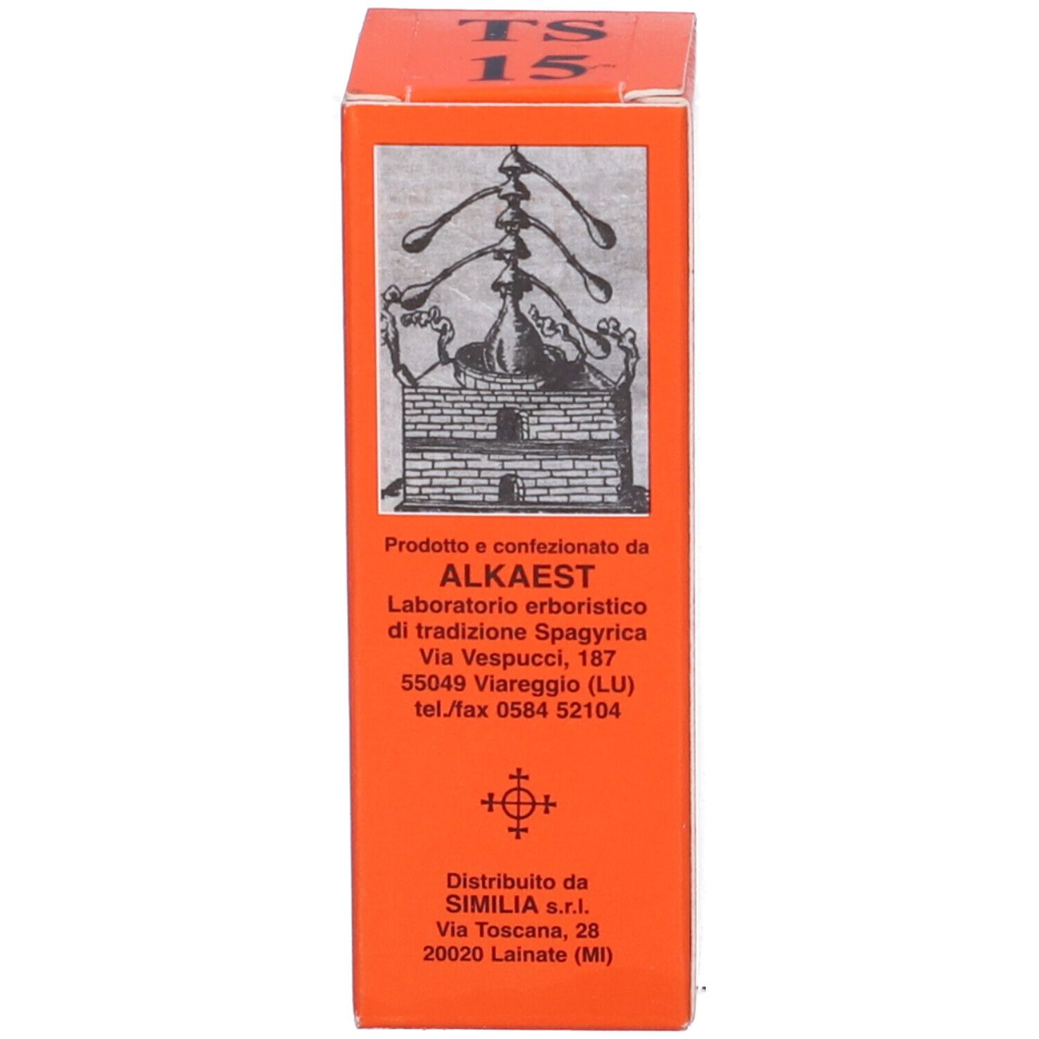 Scatola arancione con testo e logo. Sulla scatola: TS 15.